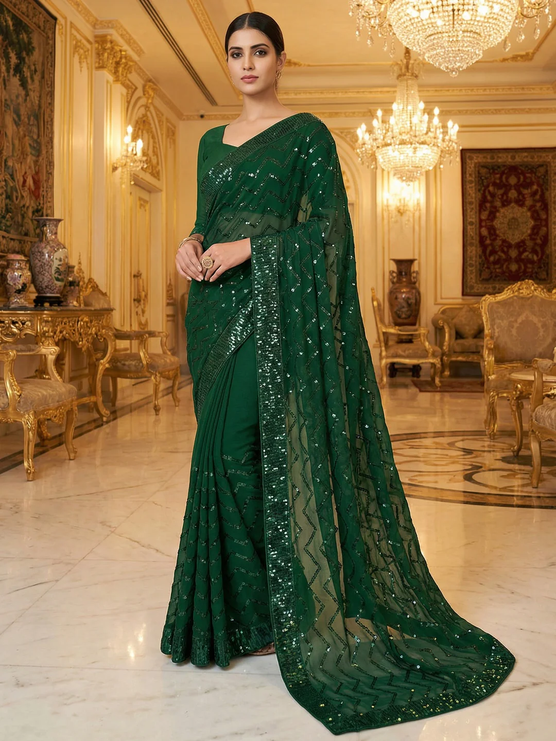Elegant Bottle Green Georgette Silk Saree with Sequin Embellishments