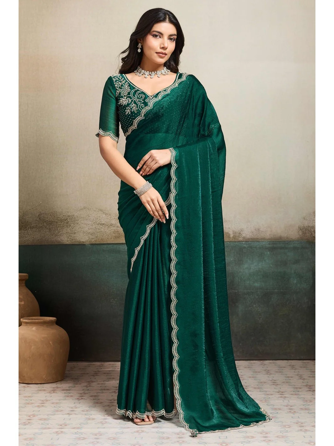 Elegant Bottle Green Solid Organza Chiffon Silk Saree Highlighted With Jarkan Work Border