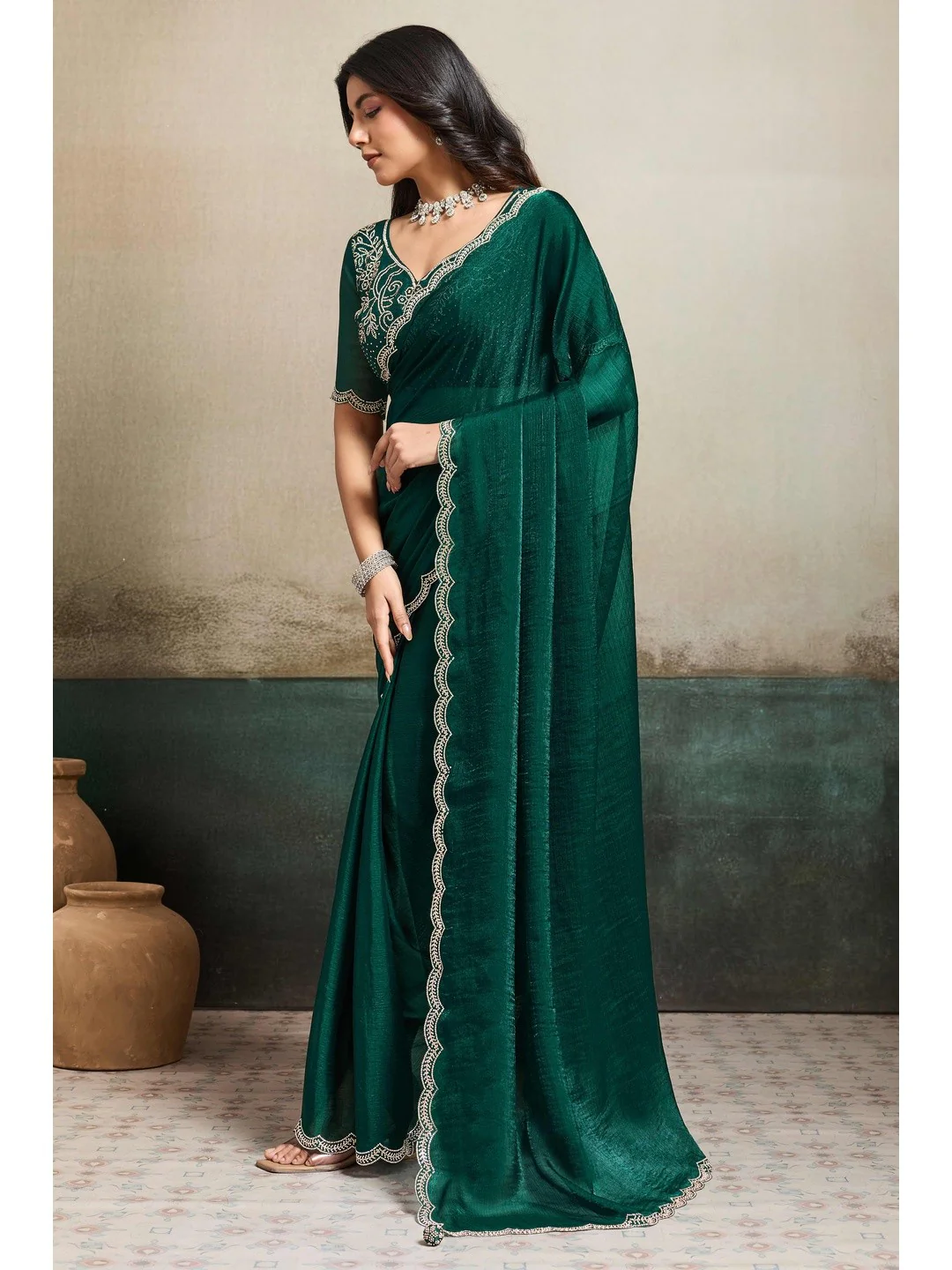 Elegant Bottle Green Solid Organza Chiffon Silk Saree Highlighted With Jarkan Work Border - Image 3