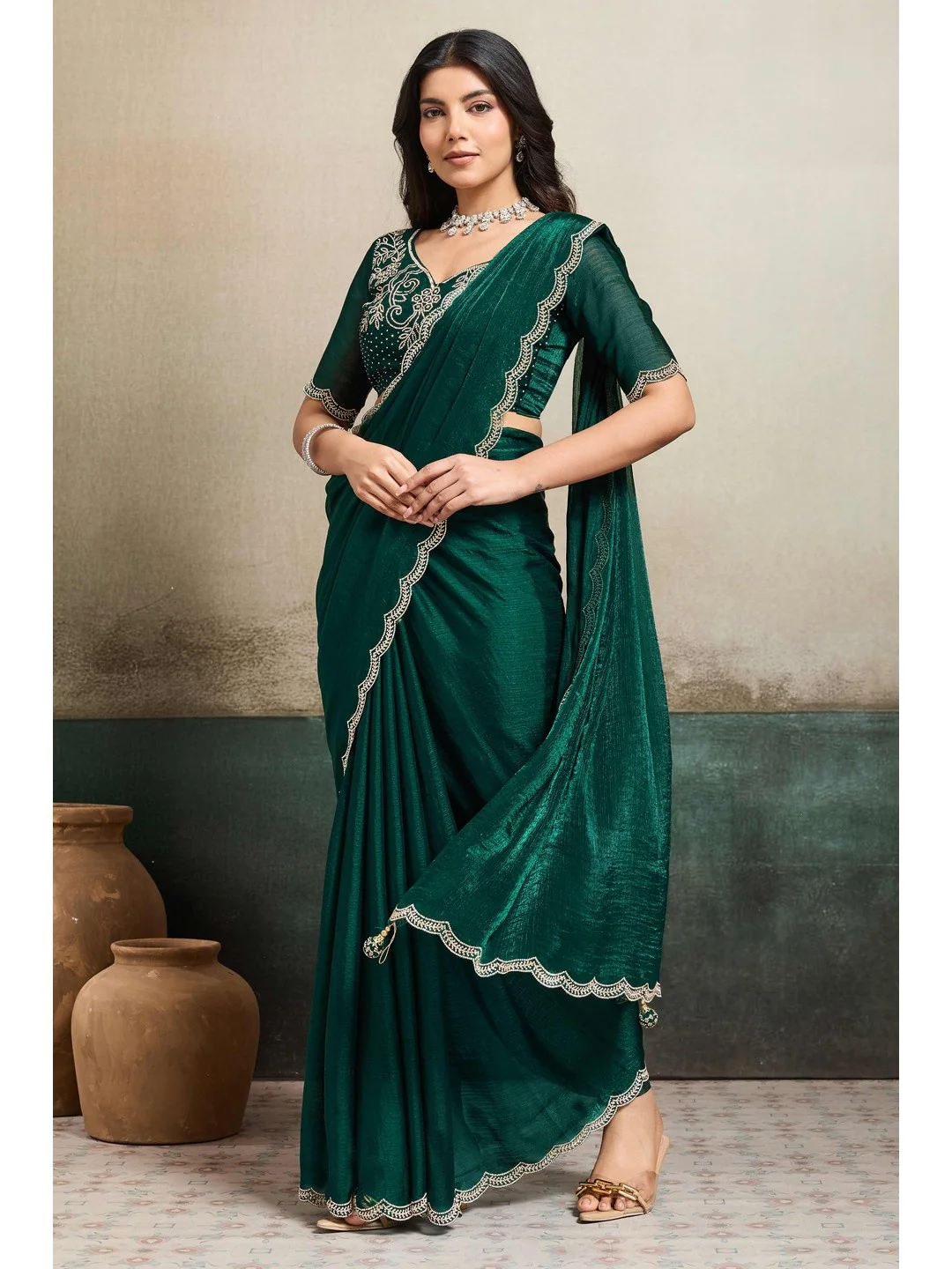 Elegant Bottle Green Solid Organza Chiffon Silk Saree Highlighted With Jarkan Work Border - Image 4