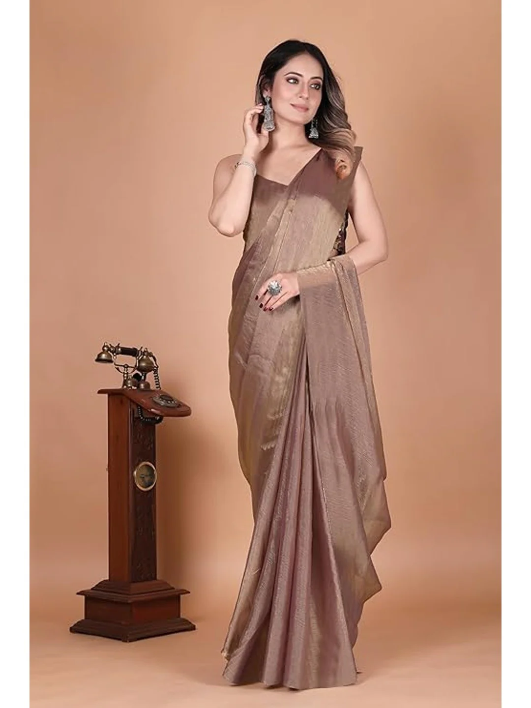 Elegant Brown Chiffon Solid Partywear Saree