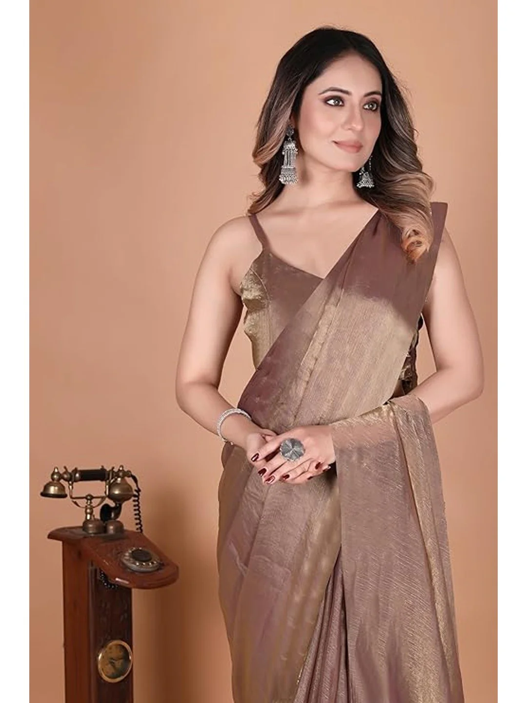 Elegant Brown Chiffon Solid Partywear Saree - Image 2