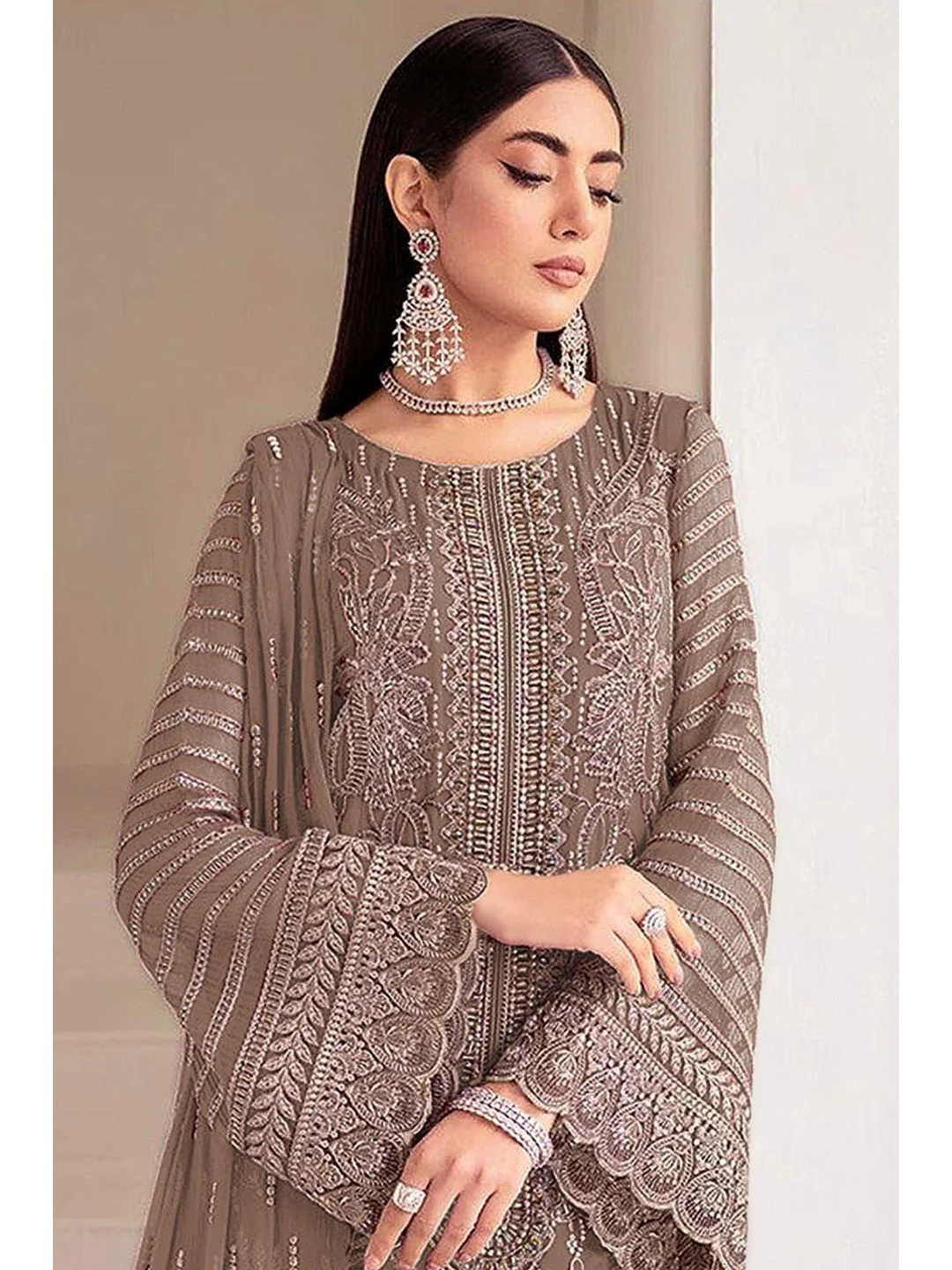 Elegant Brown Embroidered Georgette Semi-Stitched Pakistani Salwar Suit - Image 3