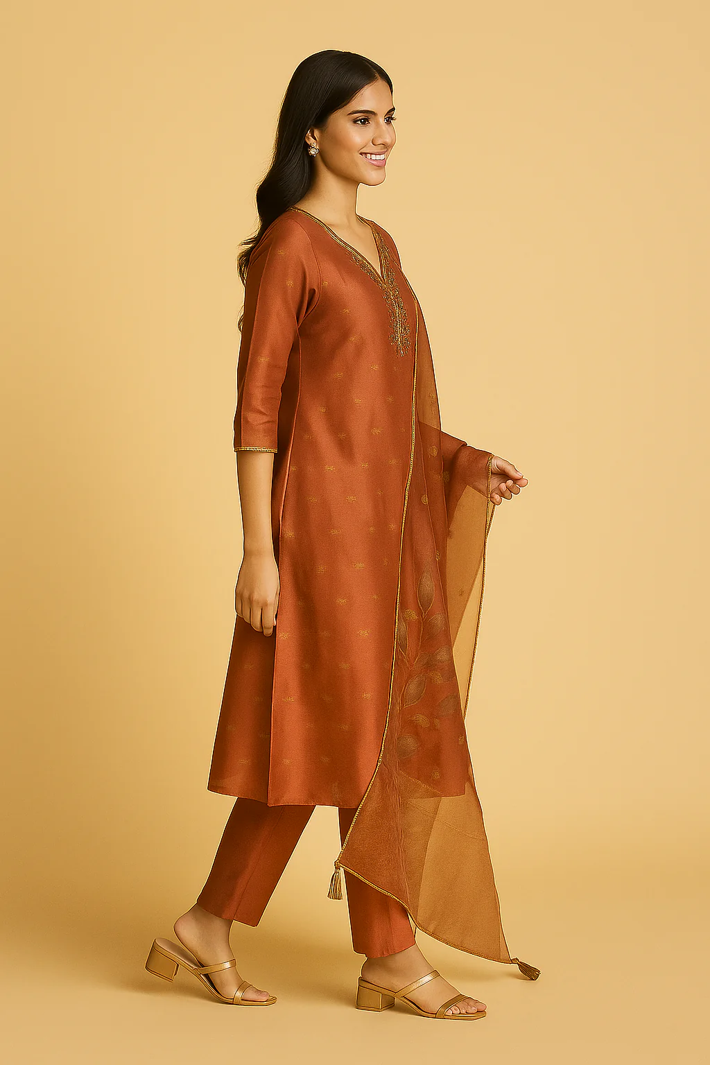 Elegant Brown Embroidered Shimmer Suit with Subtle Weaving and embroidered Details - Image 4