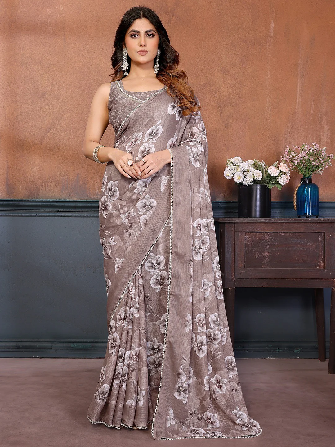 Elegant Brown Floral Printed Georgette Saree Enhanced With Delicate Lace Border Work - Image 3