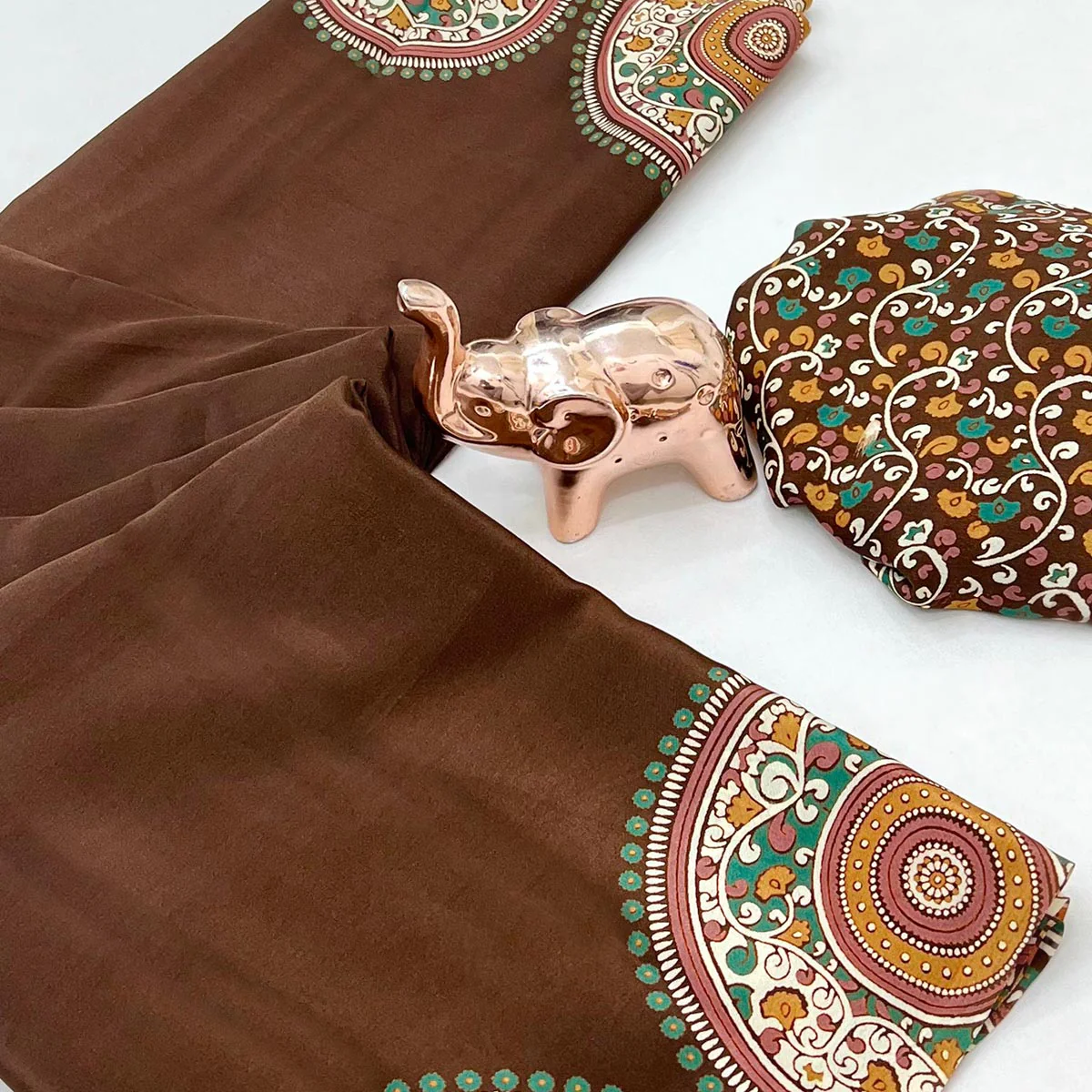 Elegant Brown Satin Saree with Ajrakh Inspired Floral Prints - Image 2