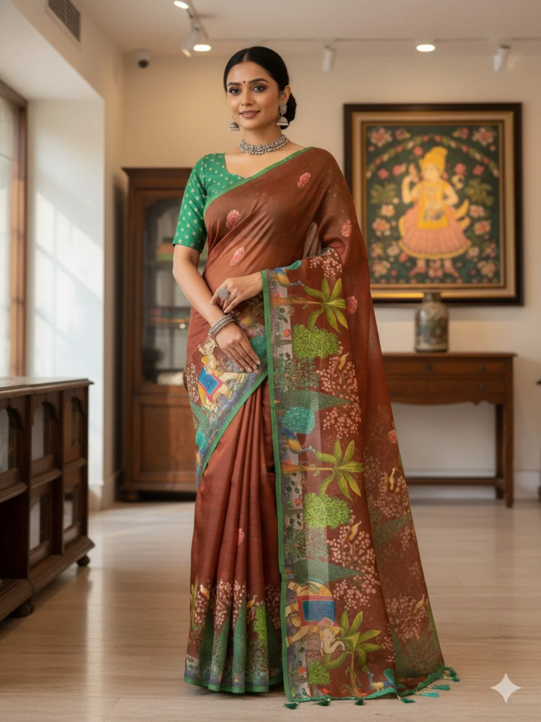 Elegant Brown Silk Blend Saree with Printed Border