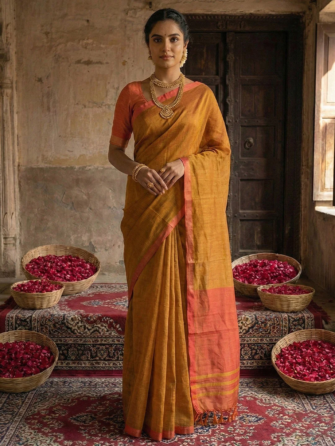 Elegant Brown Solid Cotton Blend Saree Highlighted By Woven Border & Tassel Pallu