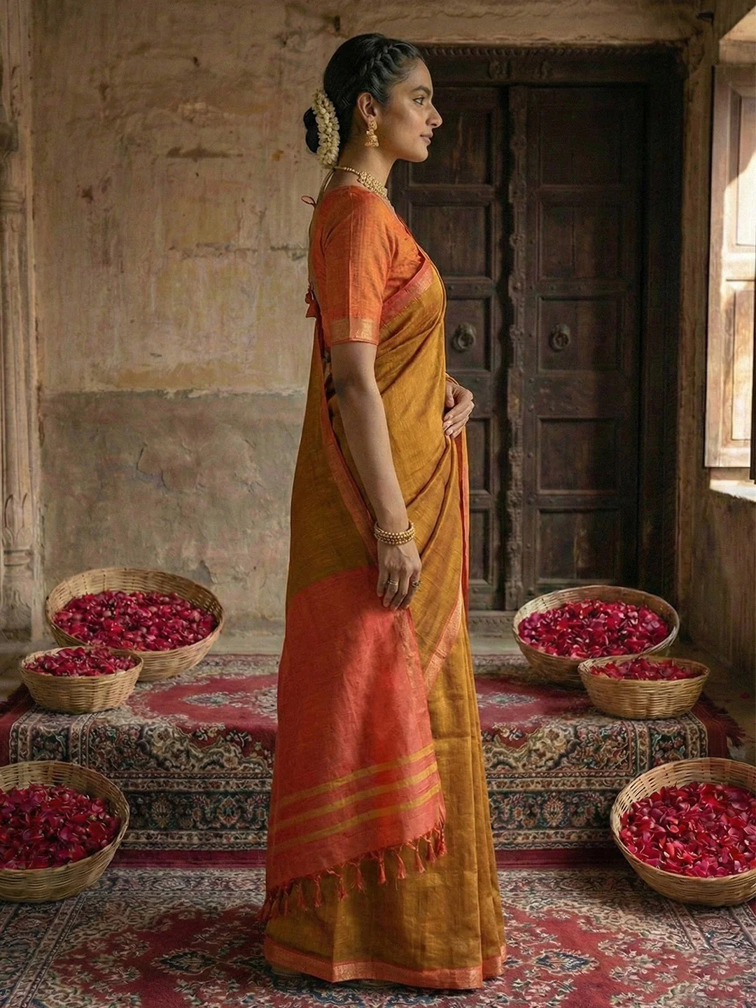 Elegant Brown Solid Cotton Blend Saree Highlighted By Woven Border & Tassel Pallu - Image 3