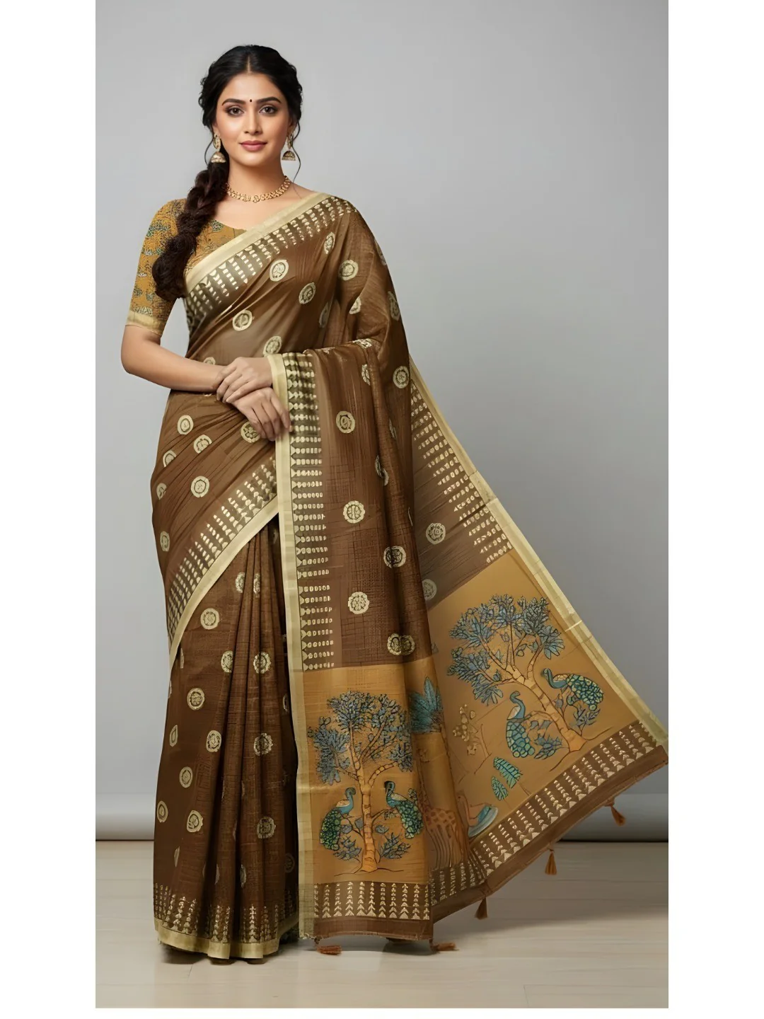 Elegant Brown Tussar Silk Saree Featuring Zari Checks Weaving With Bird & Animal Printed Pallu