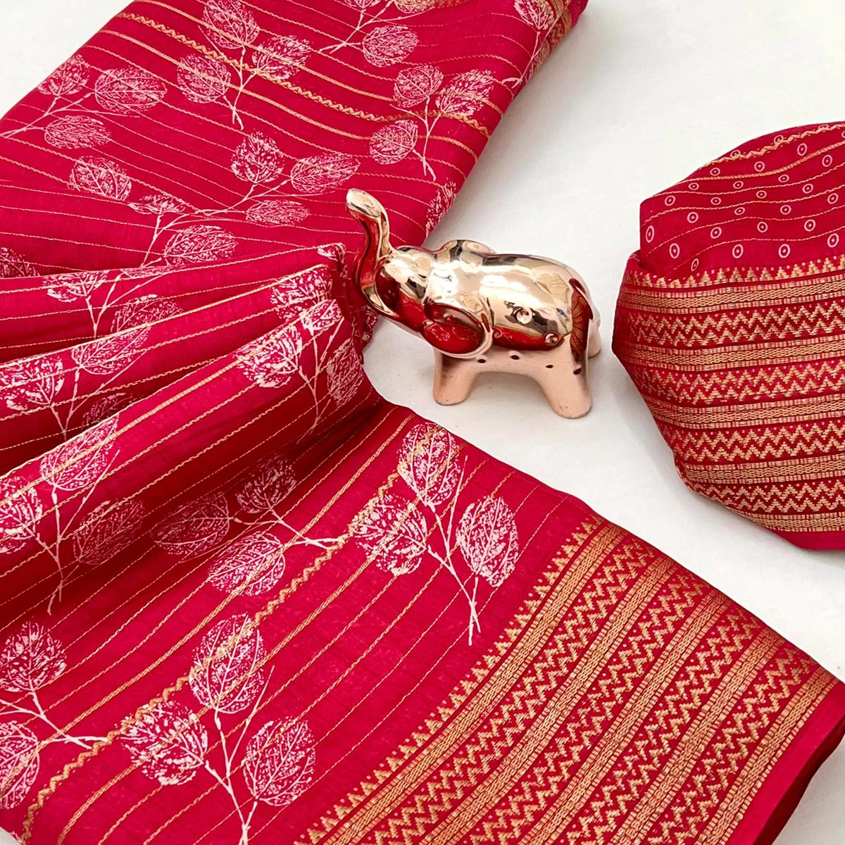 Elegant Cherry Red Floral & Striped Pattern Zari Weaving Dola Silk Saree - Image 2