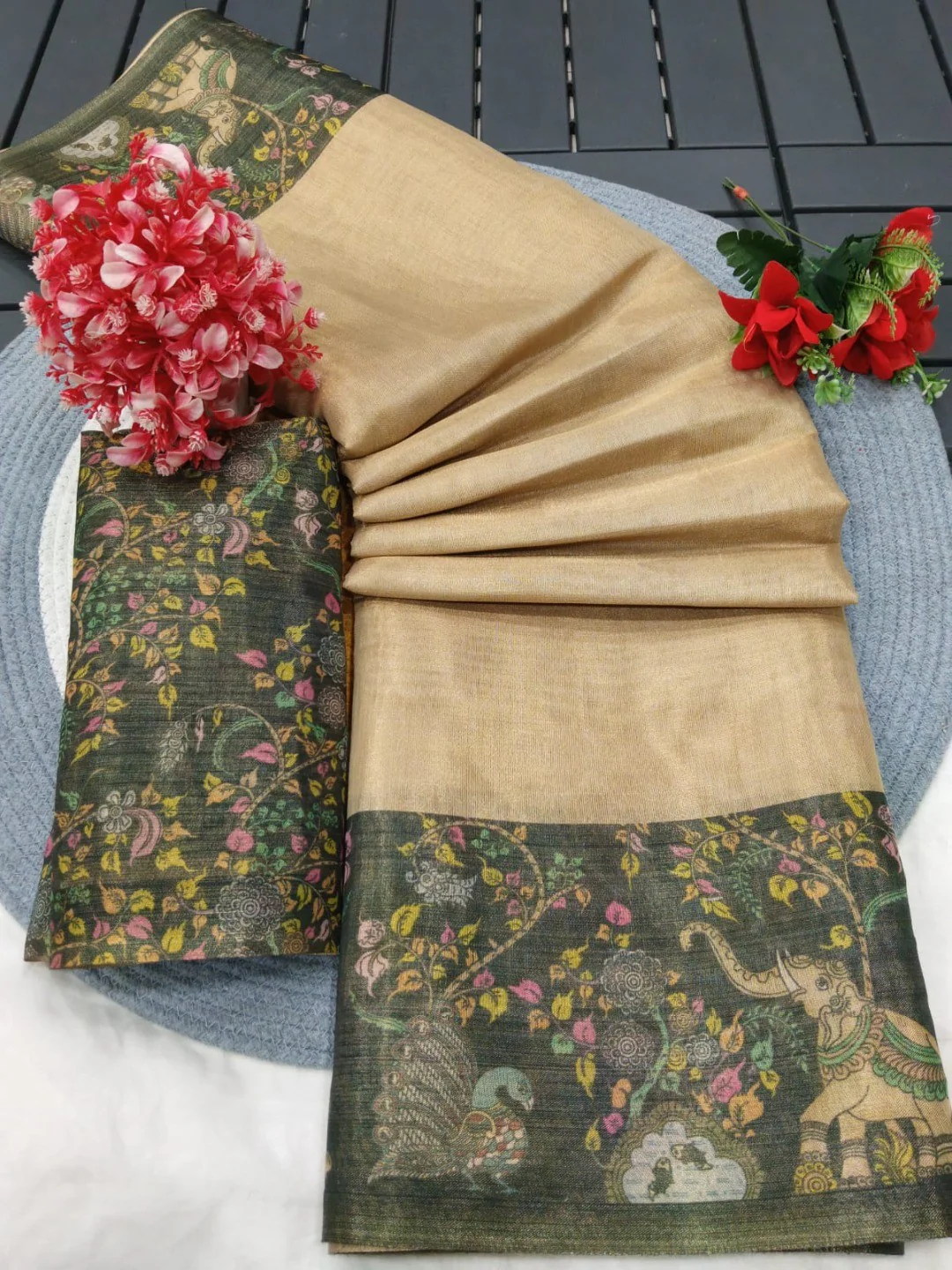 Elegant Chikoo Cotton Silk Saree with Floral Printed Border - Image 2