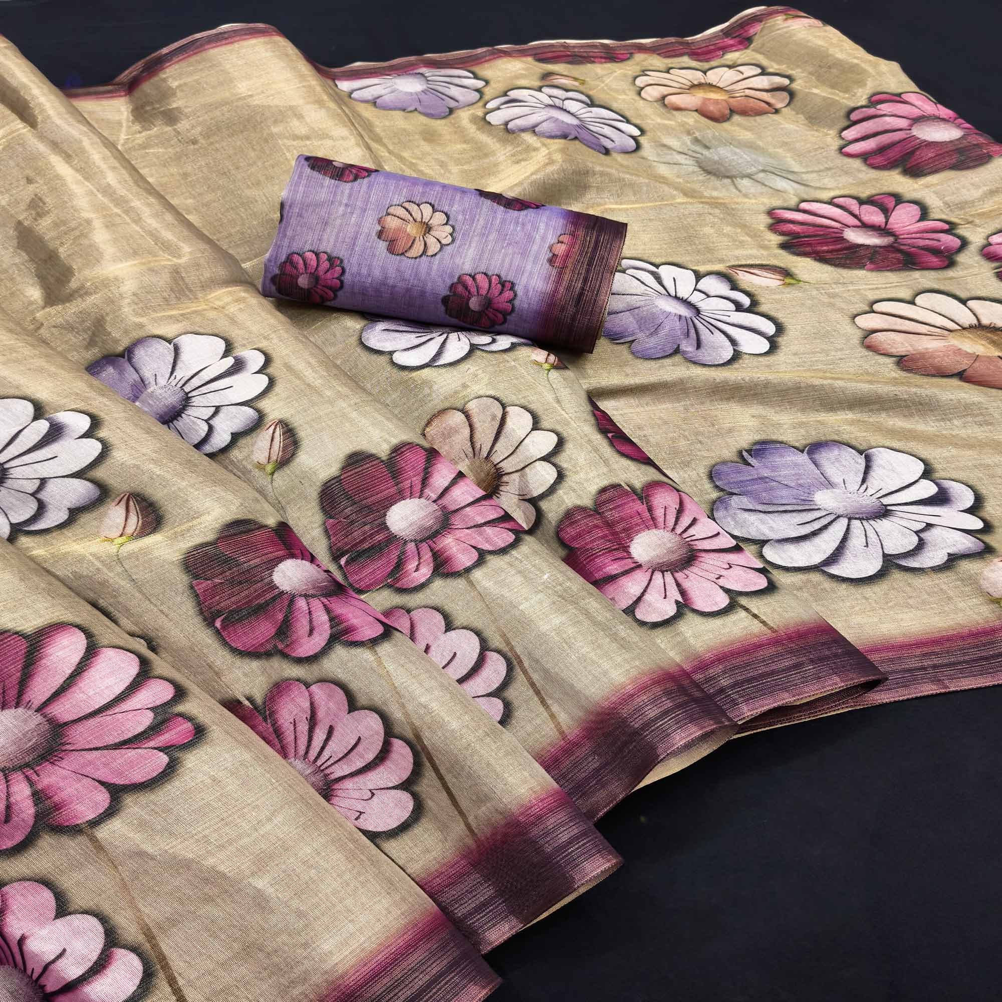 Elegant Chikoo Floral Digital Print Art Silk Saree For Timeless Charm - Image 3