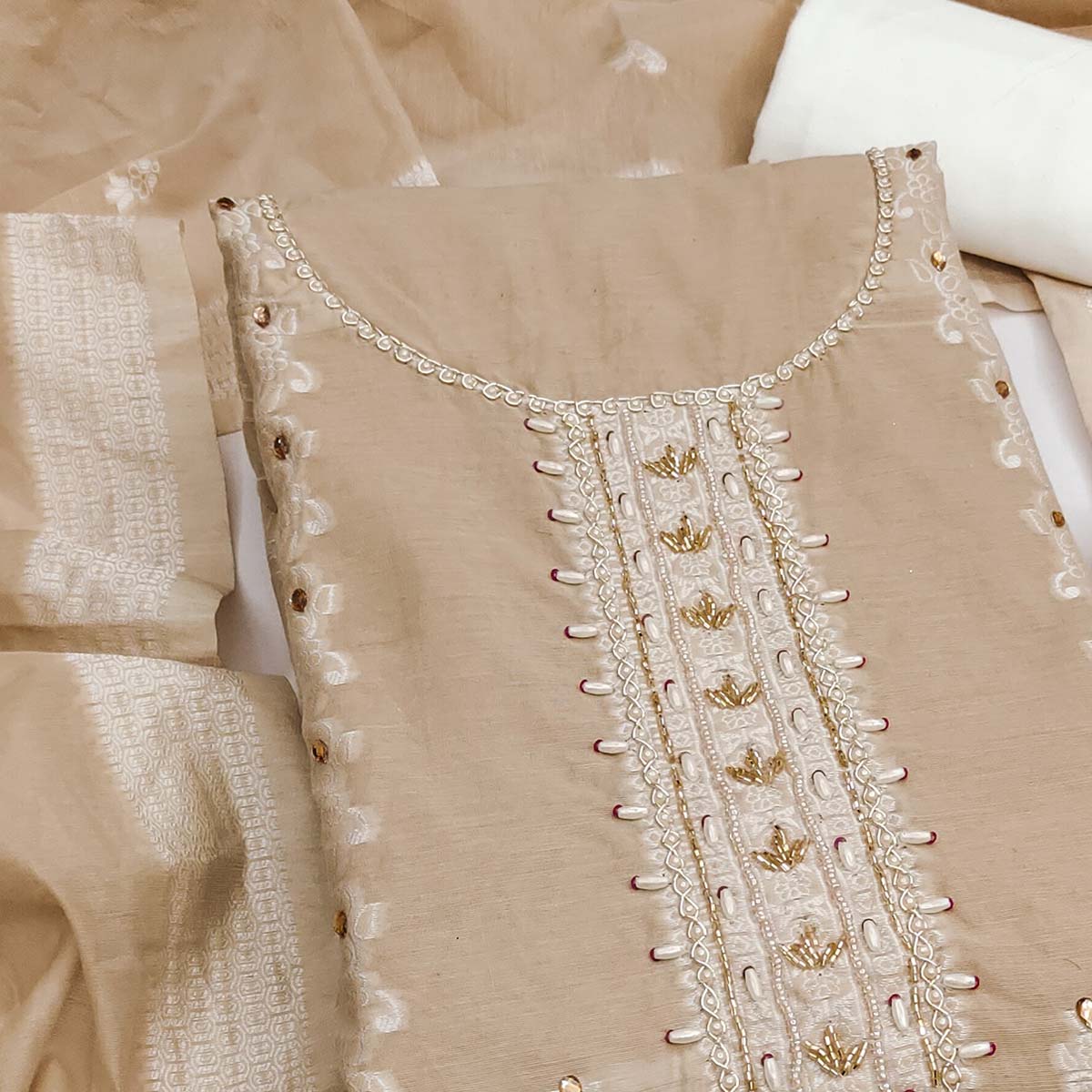 Elegant Chikoo Floral Weaving Cotton Silk Banarasi Dress Material Adorned With Beads & Stone Work - Image 2