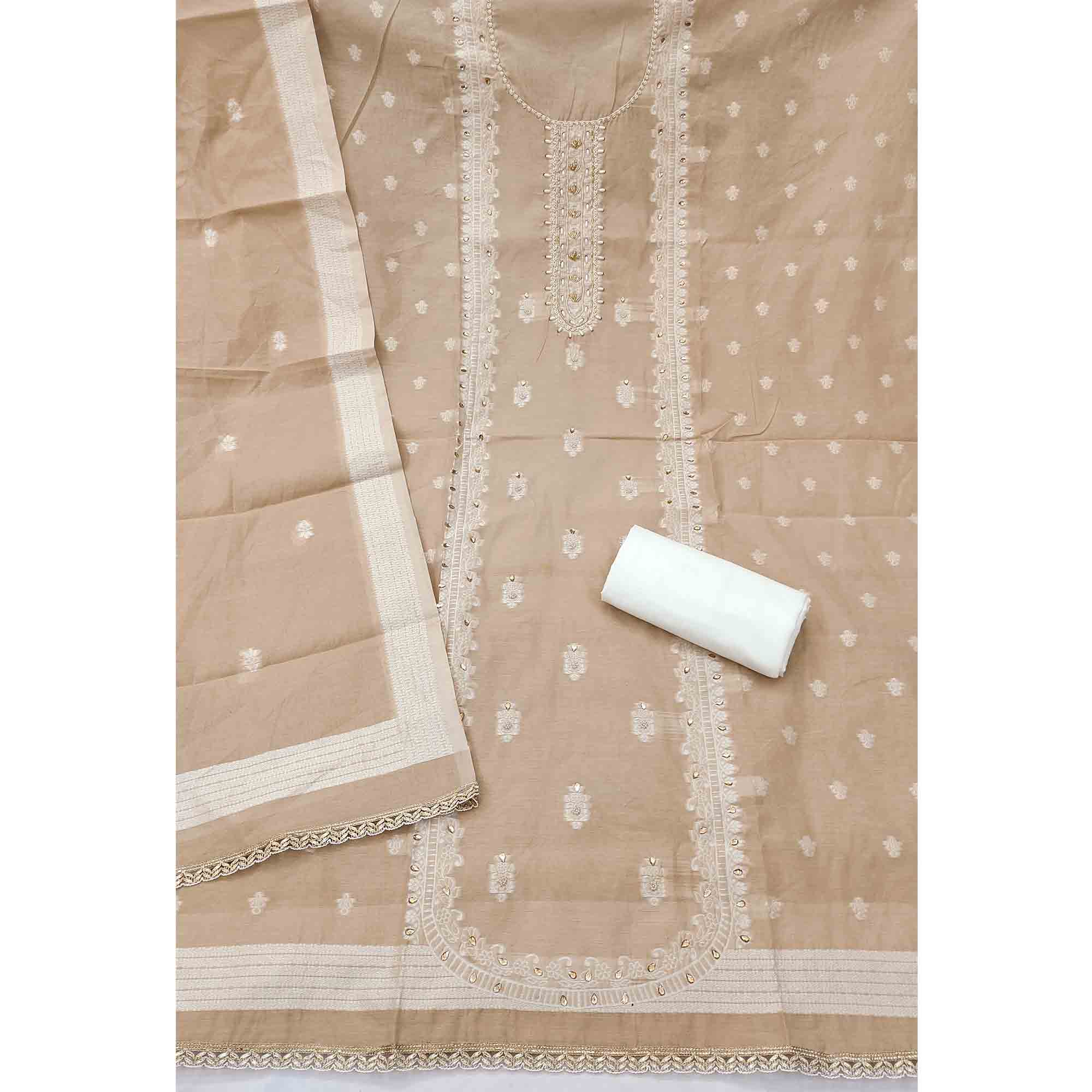 Elegant Chikoo Floral Weaving Cotton Silk Banarasi Dress Material Adorned With Beads & Stone Work - Image 4