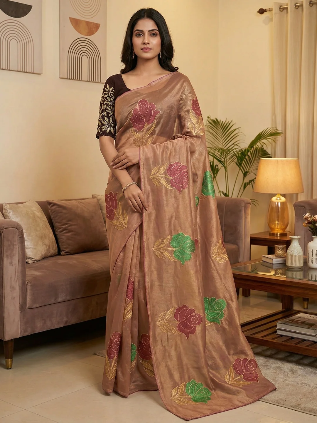 Elegant Chikoo Twill Net Saree Adorned With Floral Foil Printed Work For A Subtle Festive Look