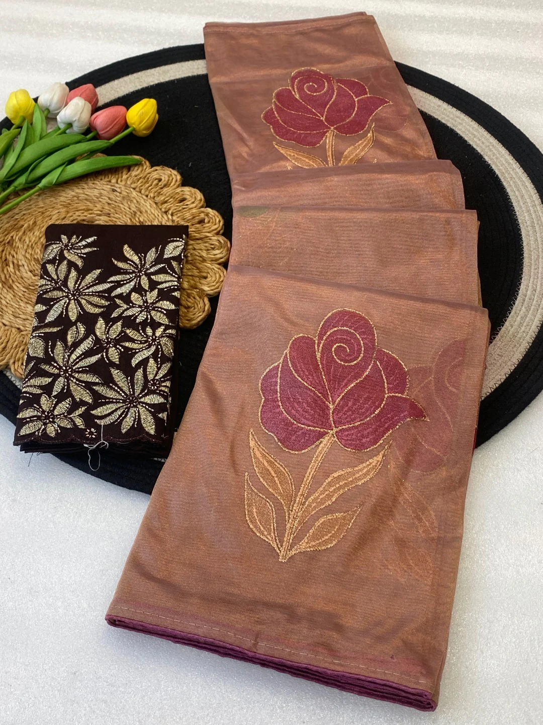 Elegant Chikoo Twill Net Saree Adorned With Floral Foil Printed Work For A Subtle Festive Look - Image 4