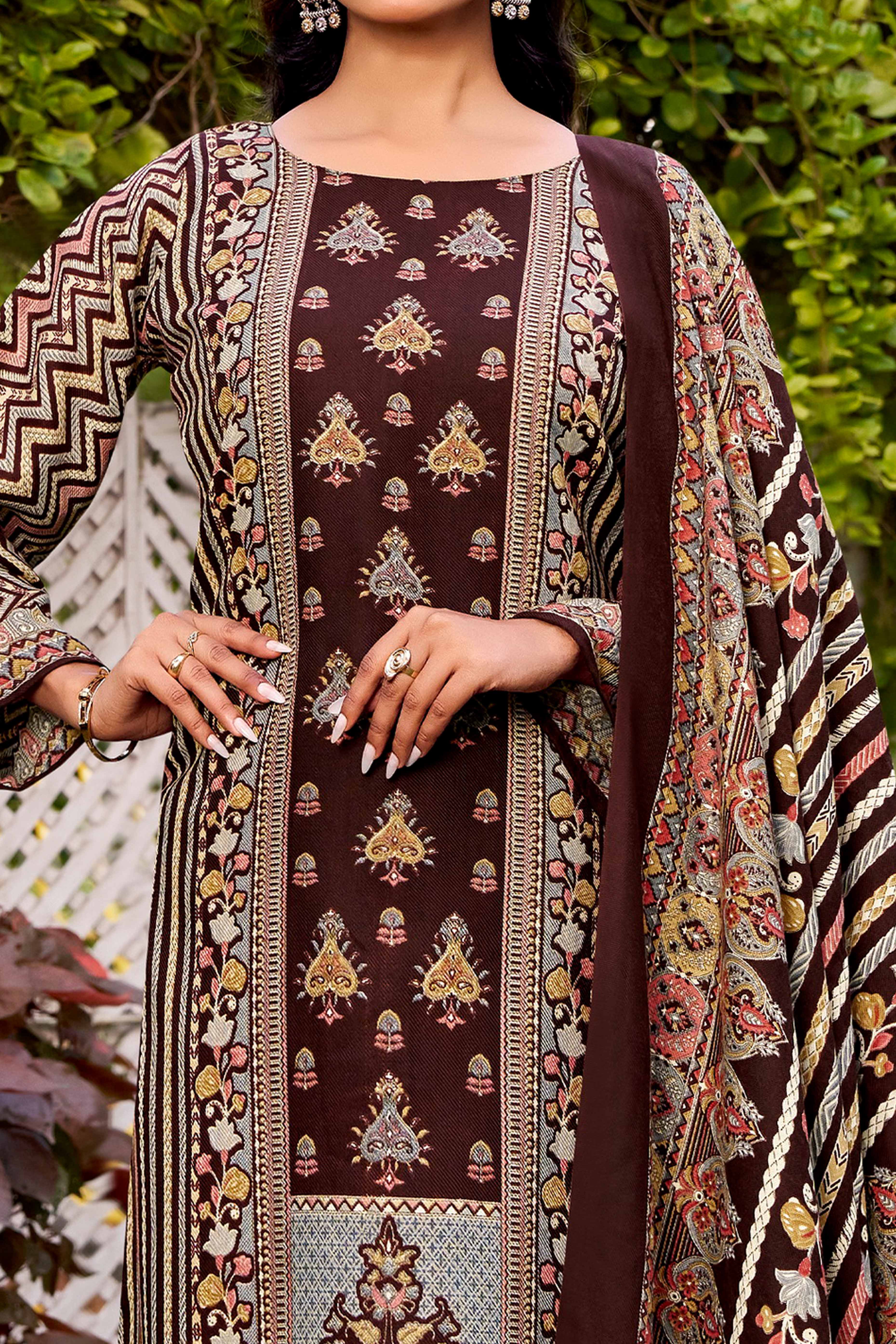 Elegant Coffee Brown Floral Printed Pure Pashmina Dress Material for Winter Wear - Image 2