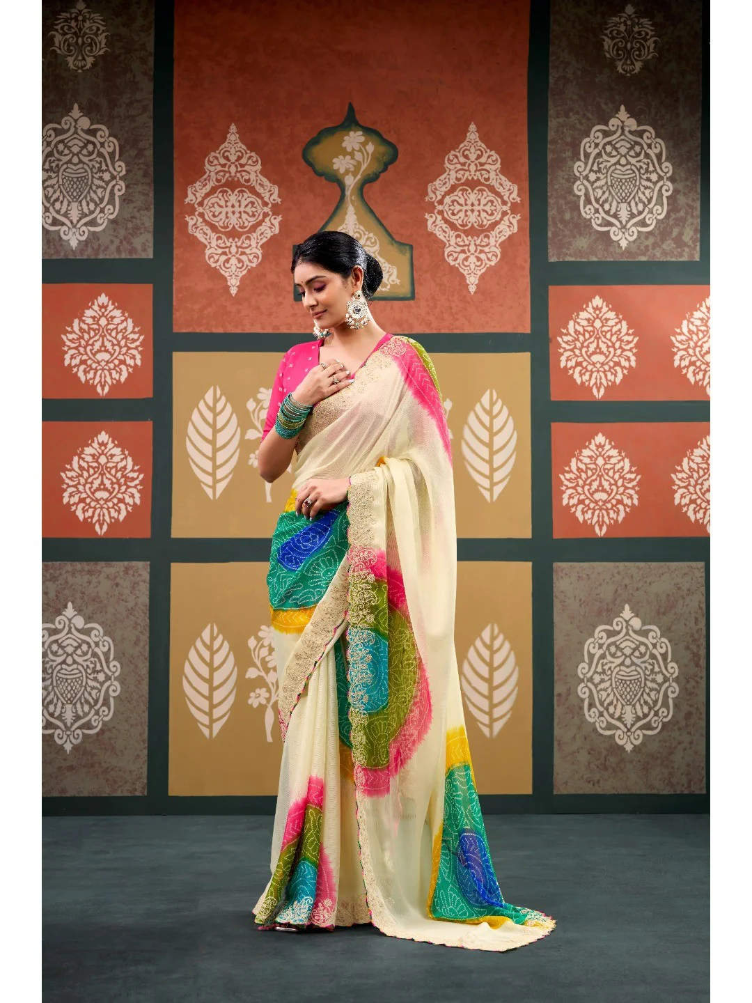 Elegant Cream Bandhani Printed Chiffon Saree with Embroidery Work