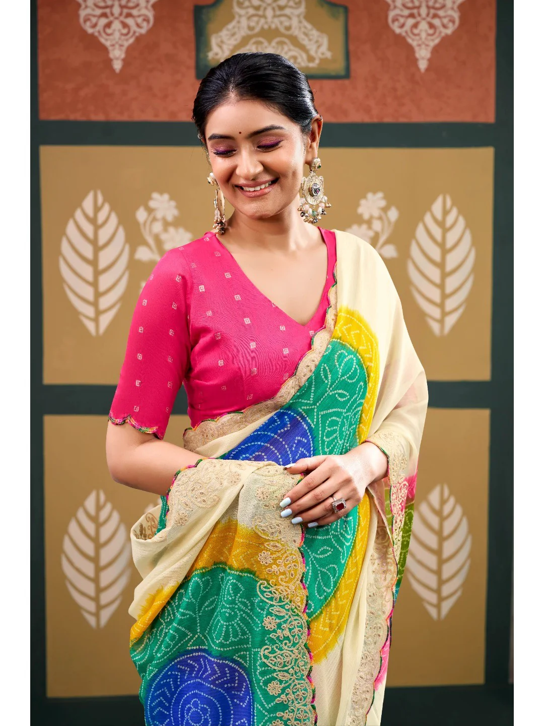 Elegant Cream Bandhani Printed Chiffon Saree with Embroidery Work - Image 2