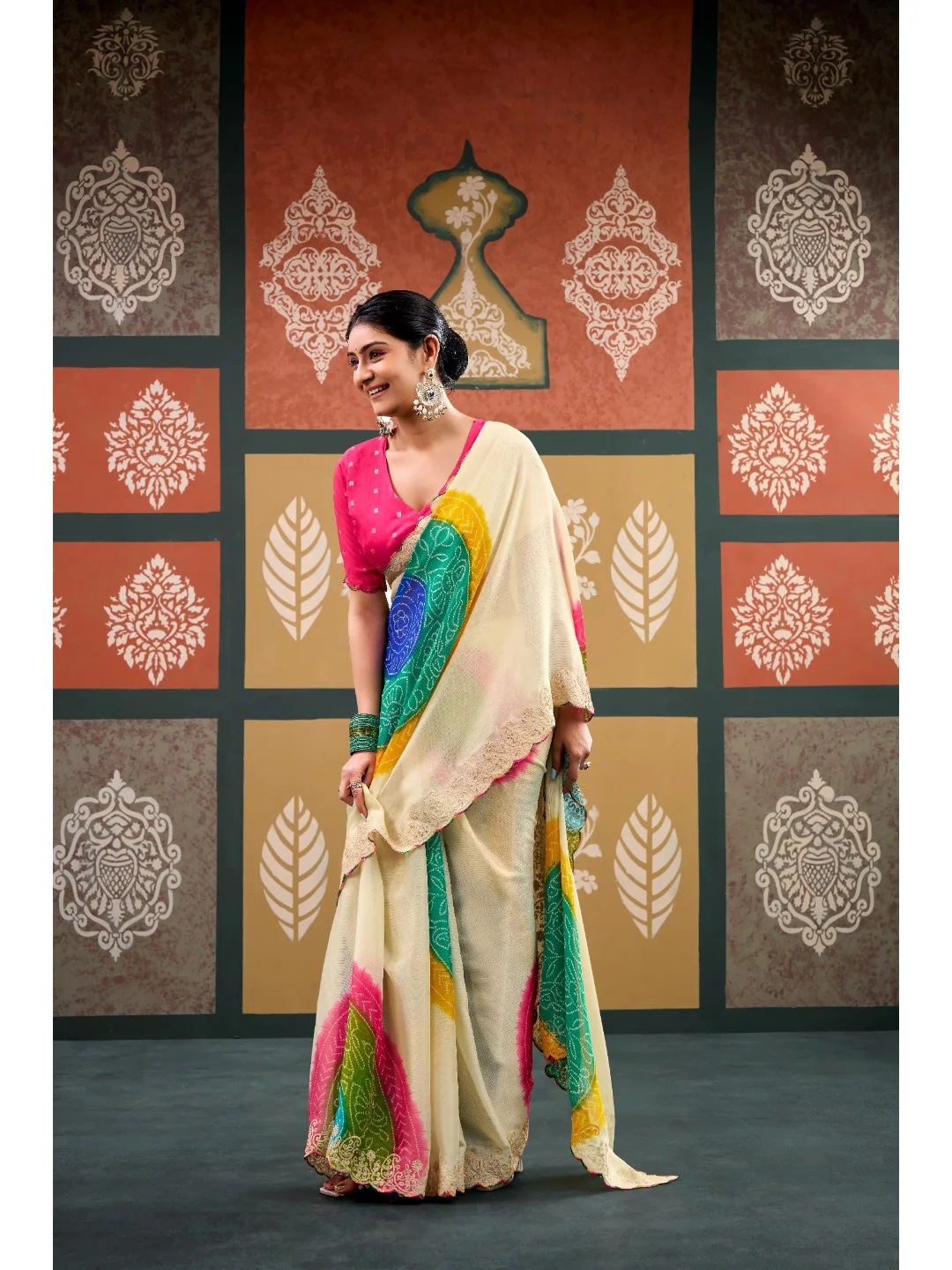 Elegant Cream Bandhani Printed Chiffon Saree with Embroidery Work - Image 4