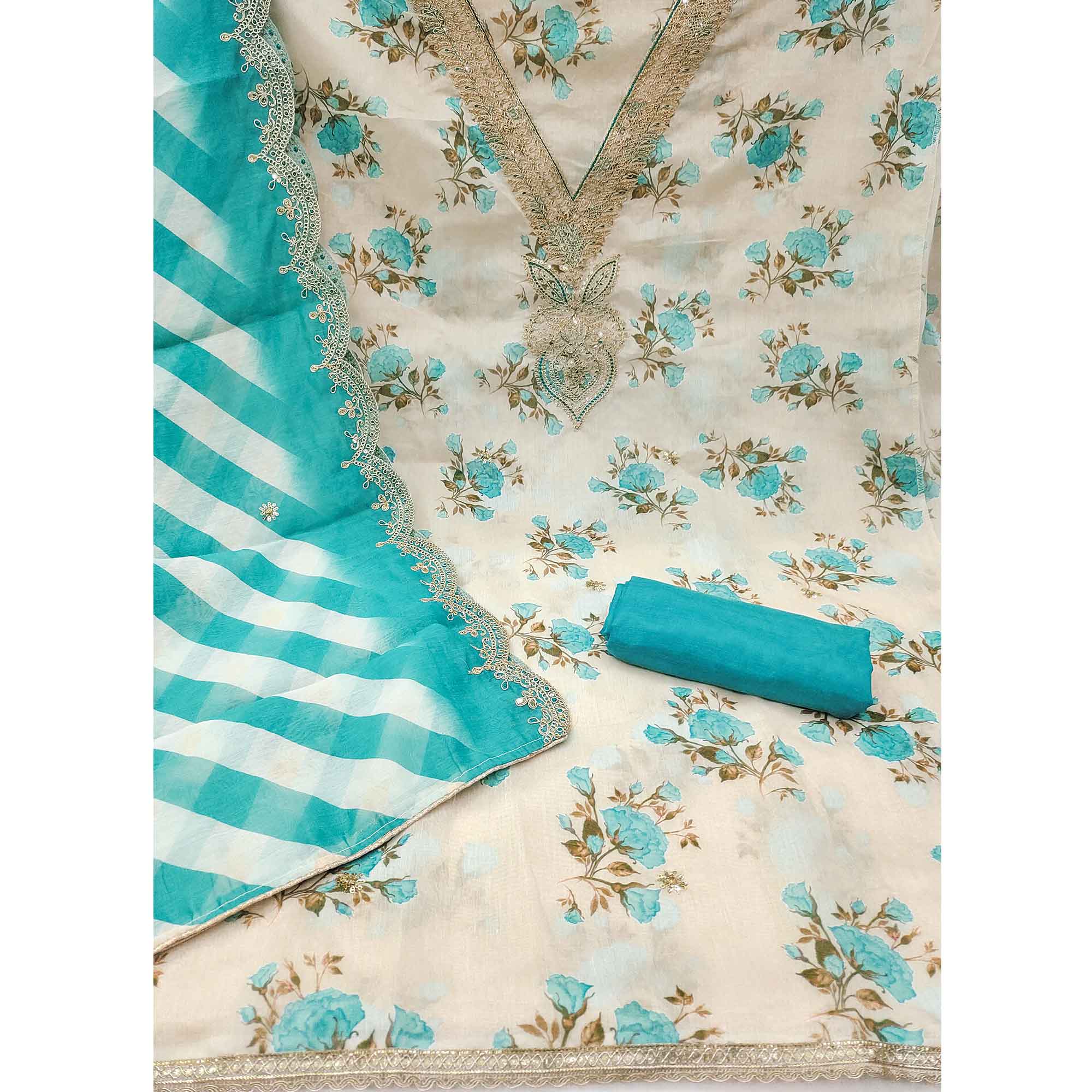 Elegant Cream & Blue Digital Floral Print Modal Chanderi Silk Dress Material With Cording Embroidery - Image 3