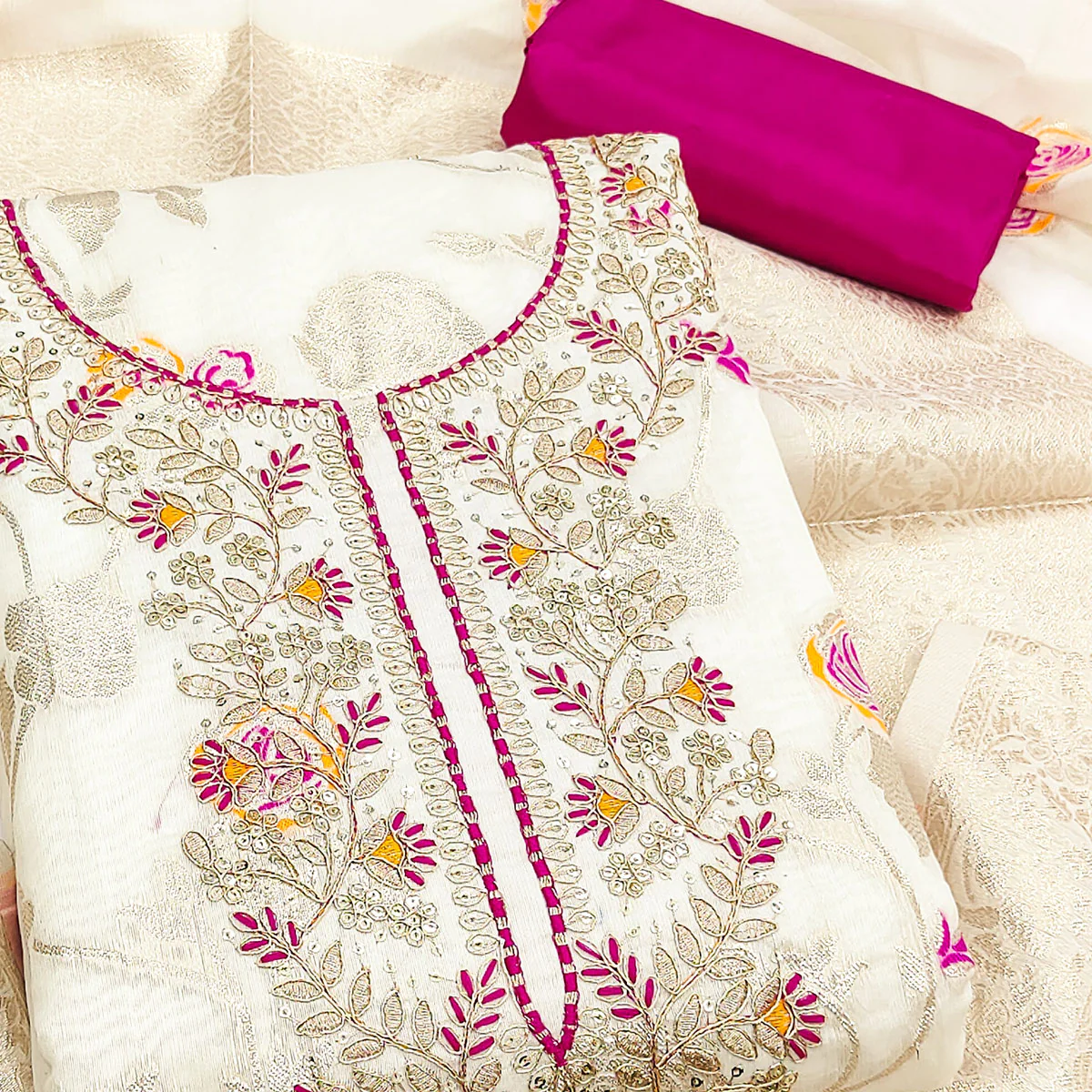 Elegant Cream Floral Meenakari Jacquard Weaving Dress Material With Sequins Cording Embroidery - Image 2