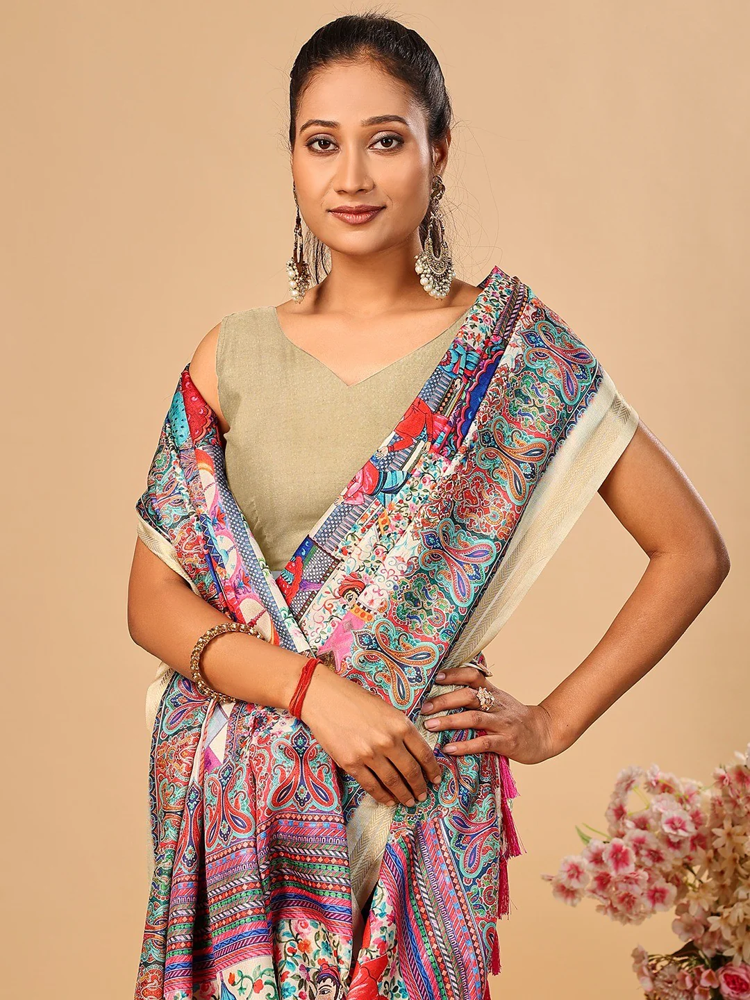 Elegant Cream Floral & Paisley Digital Printed Tussar Silk Saree with Tassels Pallu - Image 2
