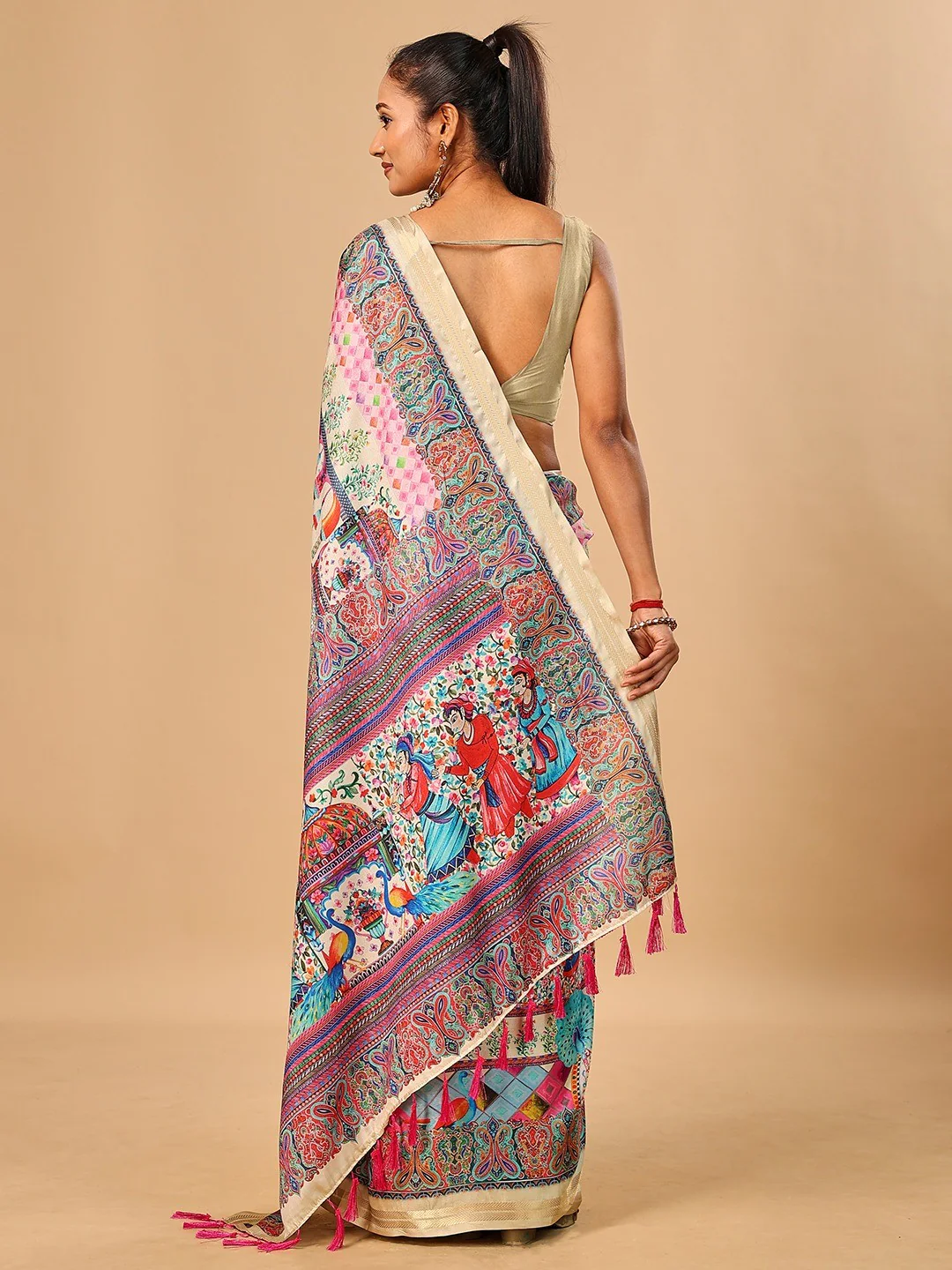 Elegant Cream Floral & Paisley Digital Printed Tussar Silk Saree with Tassels Pallu - Image 3
