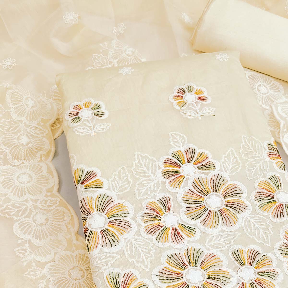Elegant Cream Floral Thread Embroidered Chanderi Silk Dress Material - Image 2