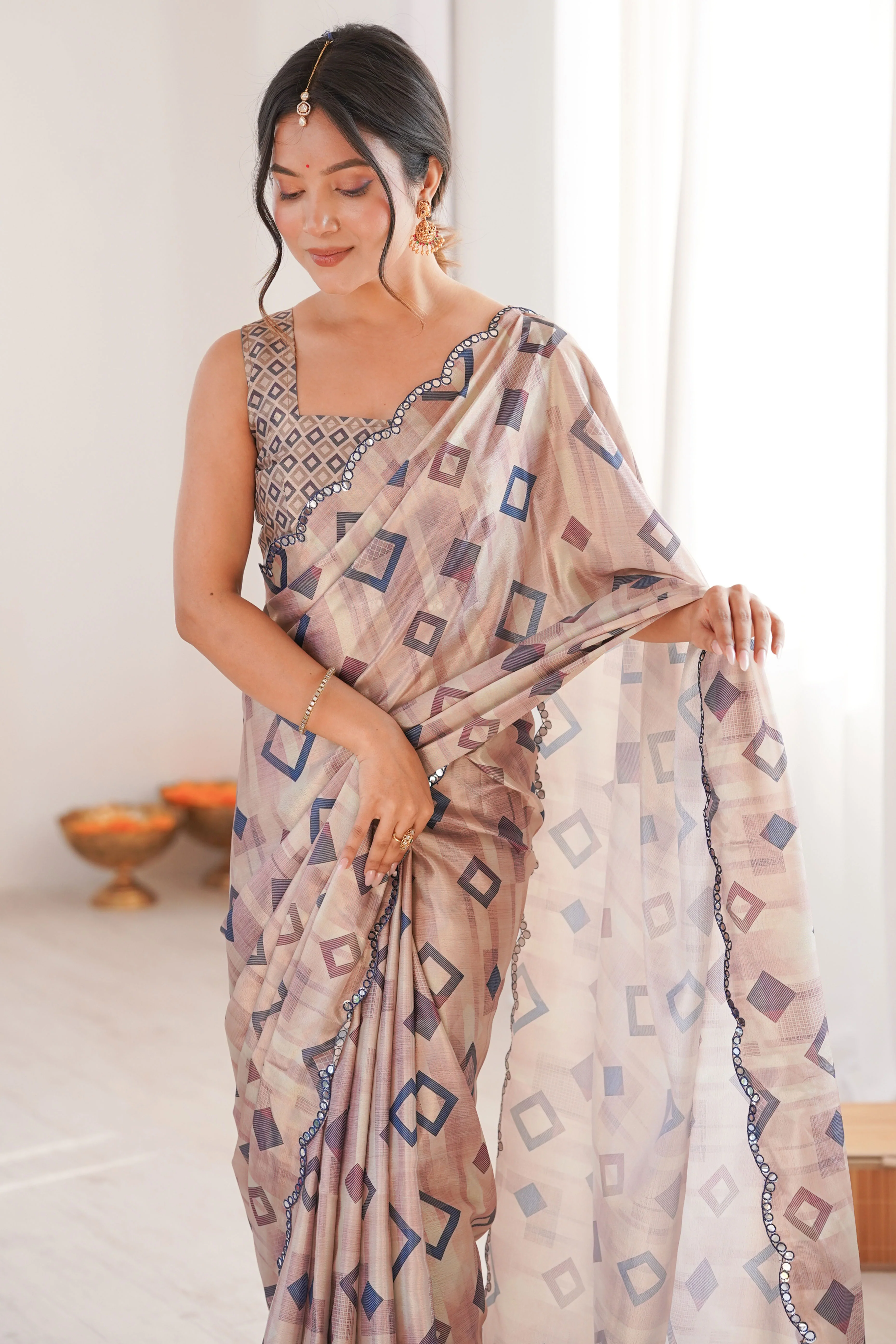 Elegant Cream Geometric Digital Printed Chinon Saree Accented With Intricate Embroidered Border - Image 7