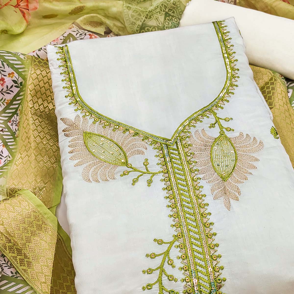 Elegant Cream & Green Floral Embroidered Roman Cotton Silk Dress Material With Subtle Sequins Work - Image 2