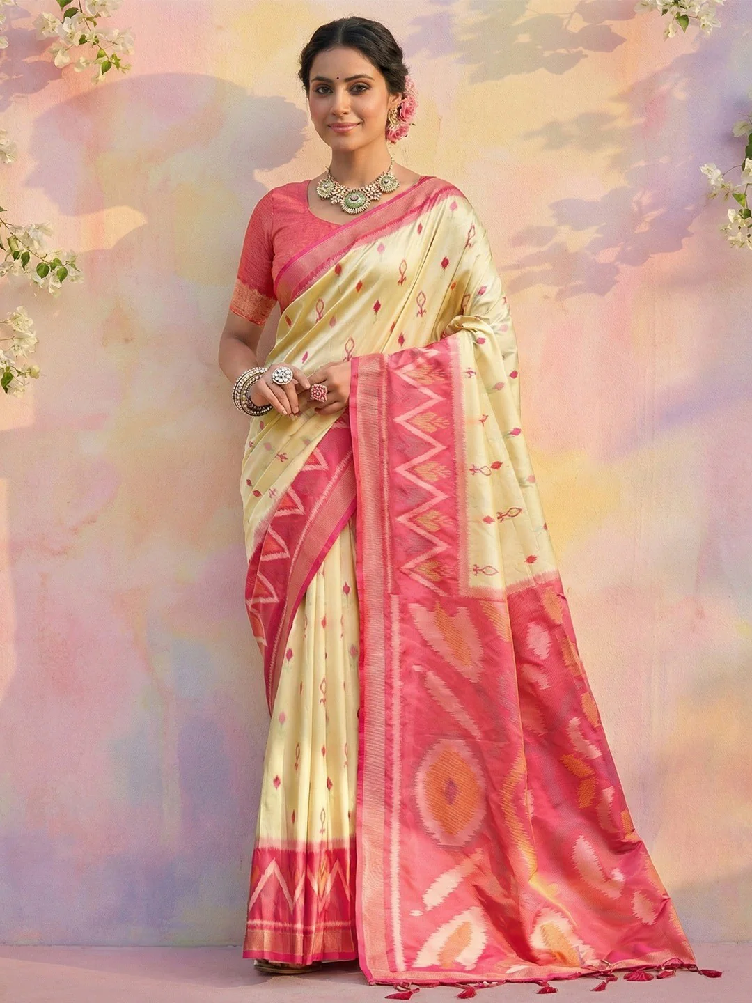 Elegant Cream Ikat Woven Silk Blend Saree Featuring A Traditional Motif Pallu With Tassel Accents