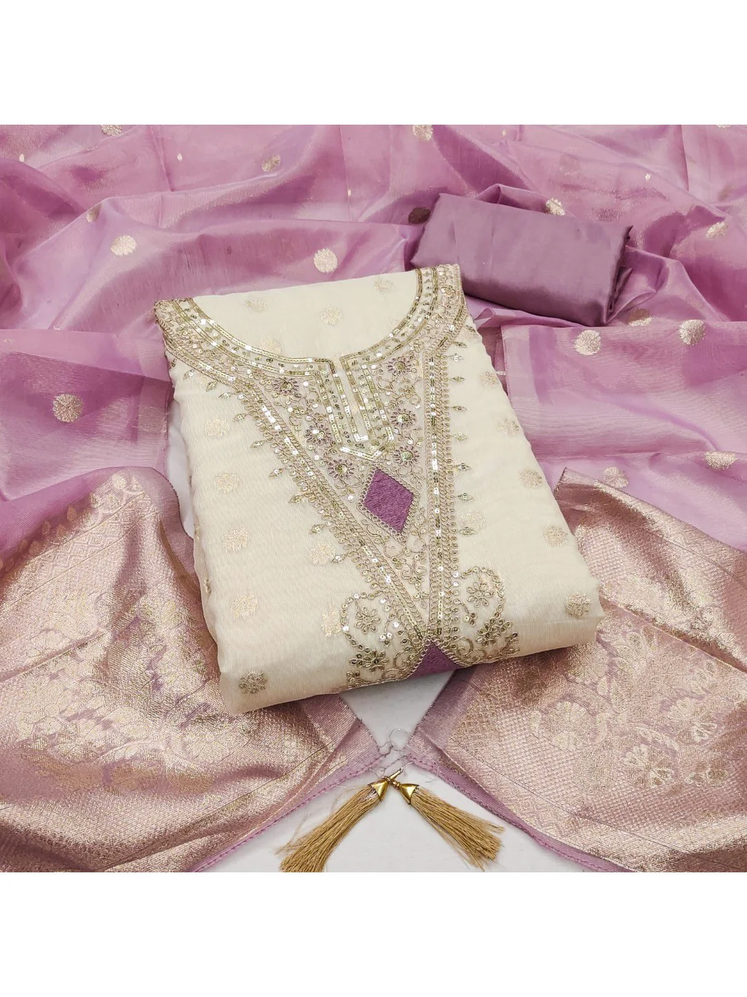 Elegant Cream & Lavender Cording Sequins Embroidered Shimmer Dress Material With Butti Weaving Work - Image 6