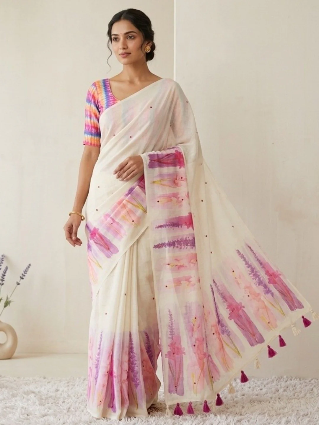 Elegant Cream Linen Saree with Floral Print and Shibori Blouse