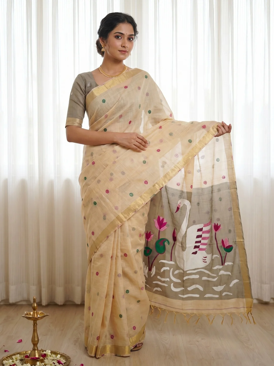 Elegant Cream Linen Saree with Floral Prints and Swan Motif Pallu