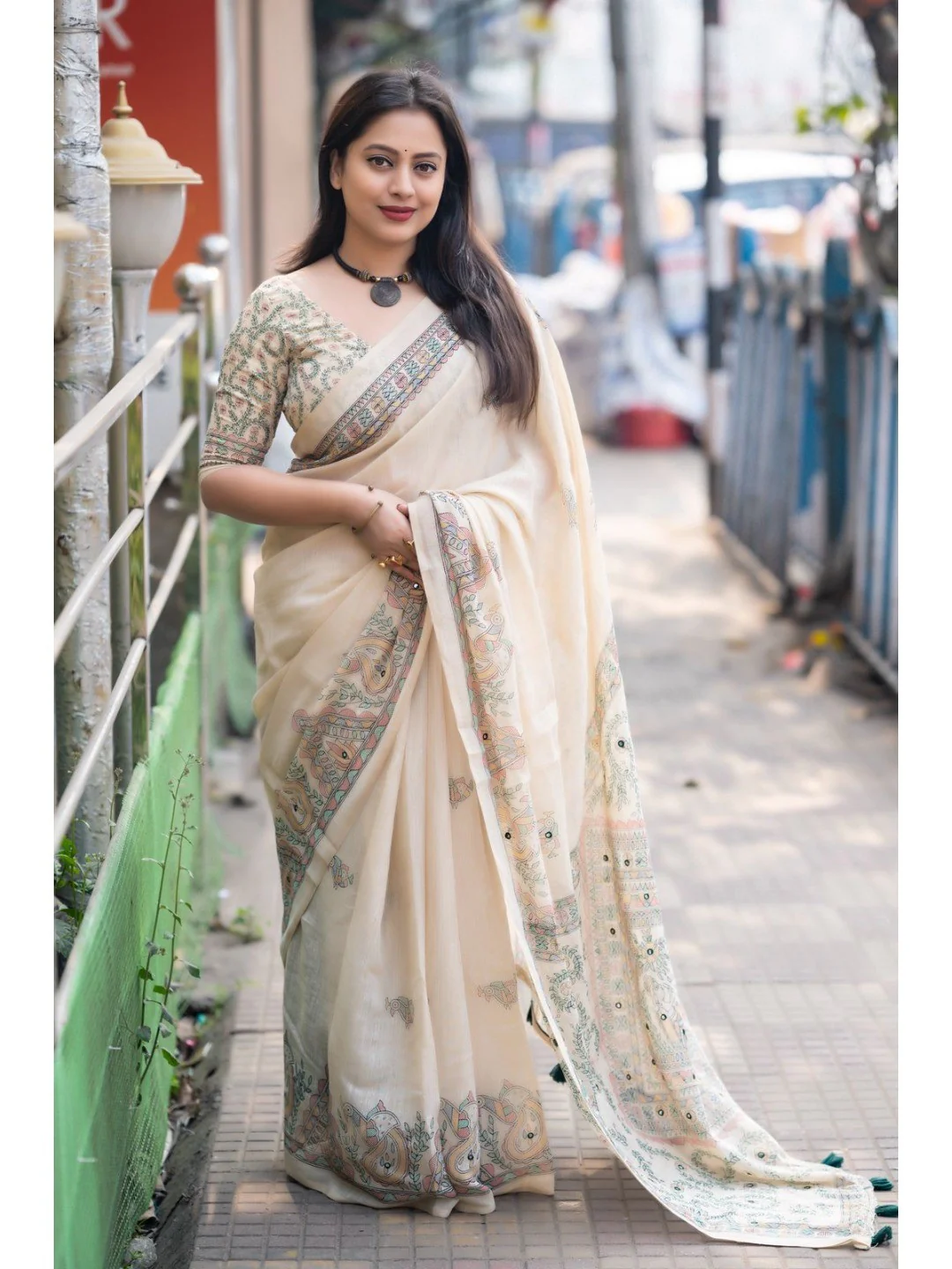 Elegant Cream Linen Saree with Madhubani Print and Tassels