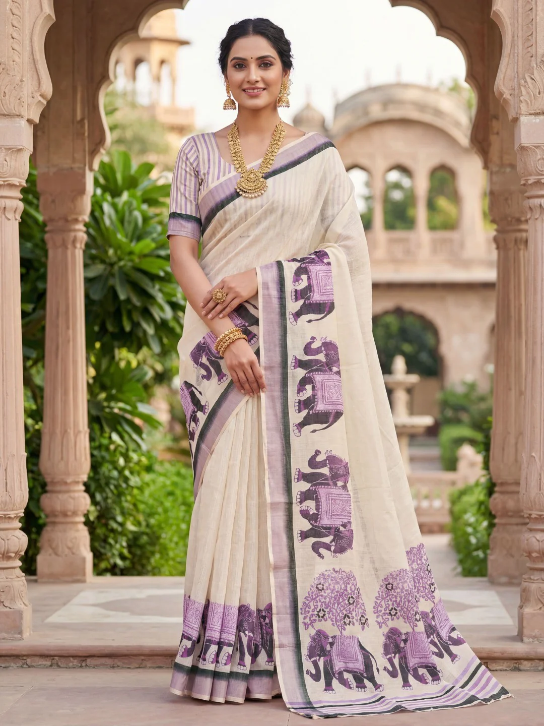 Elegant Cream Linen Saree with Traditional Elephant Print