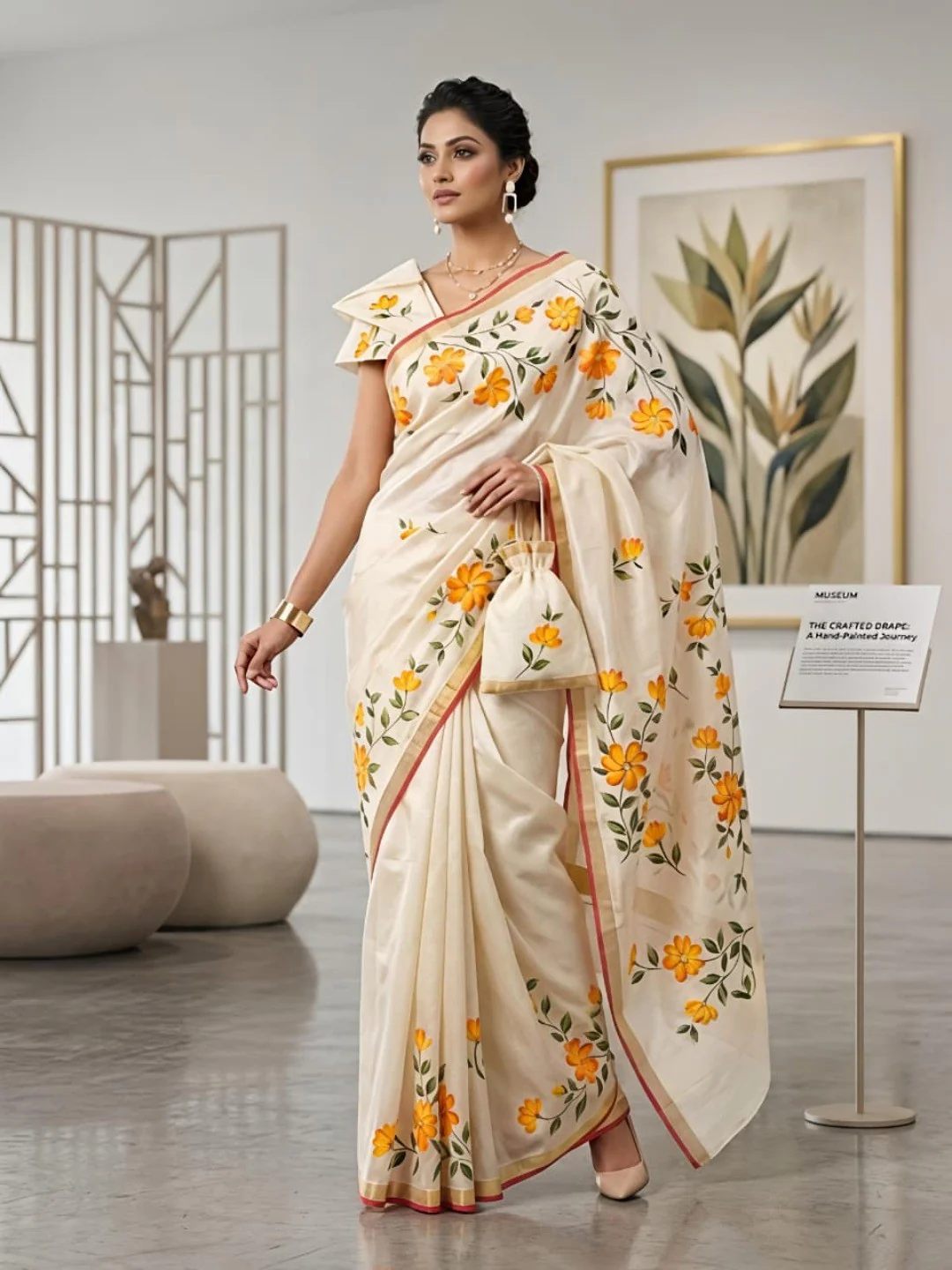 Elegant Cream Mulmul Cotton Floral Printed Saree