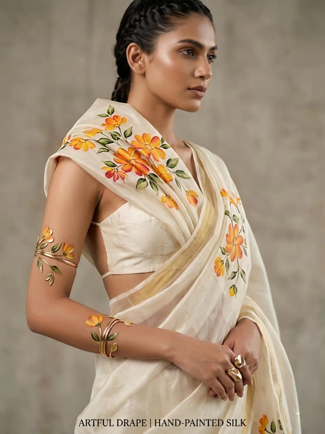 Elegant Cream Mulmul Cotton Floral Printed Saree - Image 5