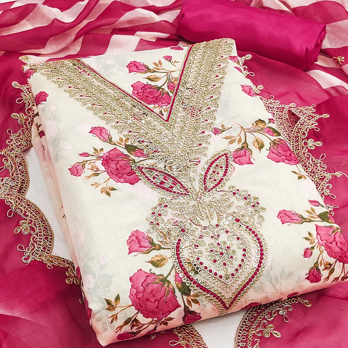 Elegant Cream & Pink Digital Floral Print Modal Chanderi Silk Dress Material With Cording Embroidery - Image 2
