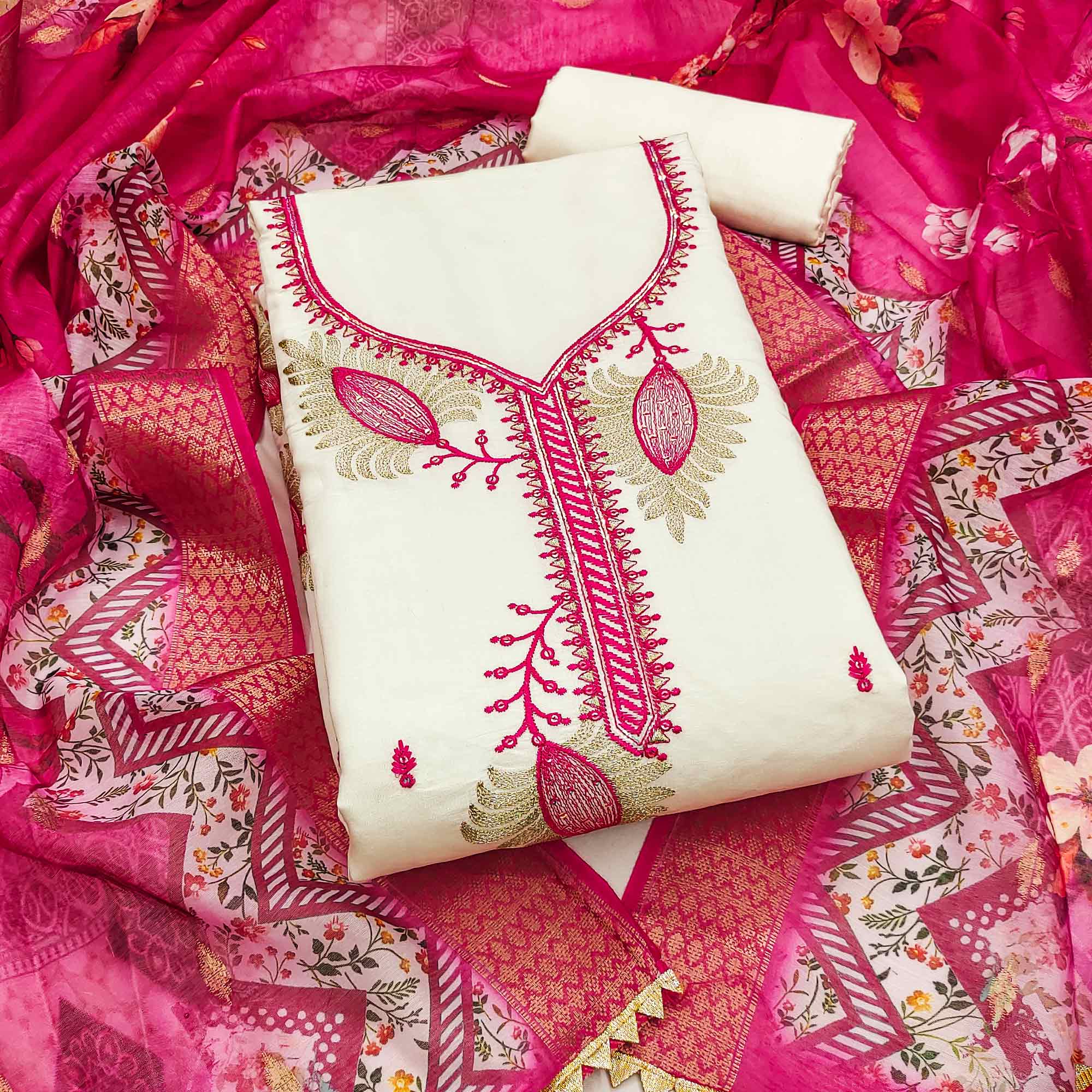 Elegant Cream & Pink Floral Embroidered Roman Cotton Silk Dress Material With Subtle Sequins Work