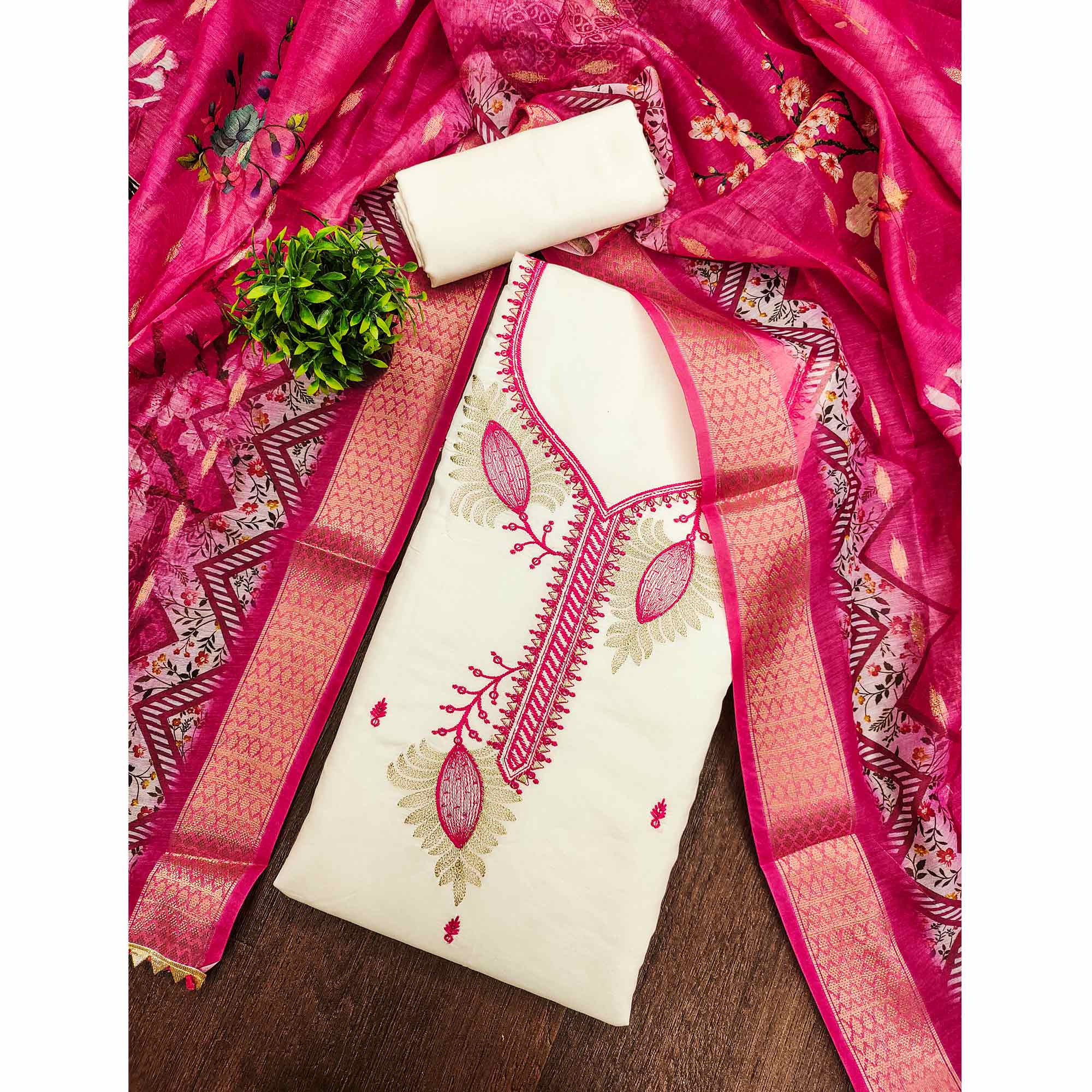 Elegant Cream & Pink Floral Embroidered Roman Cotton Silk Dress Material With Subtle Sequins Work - Image 3