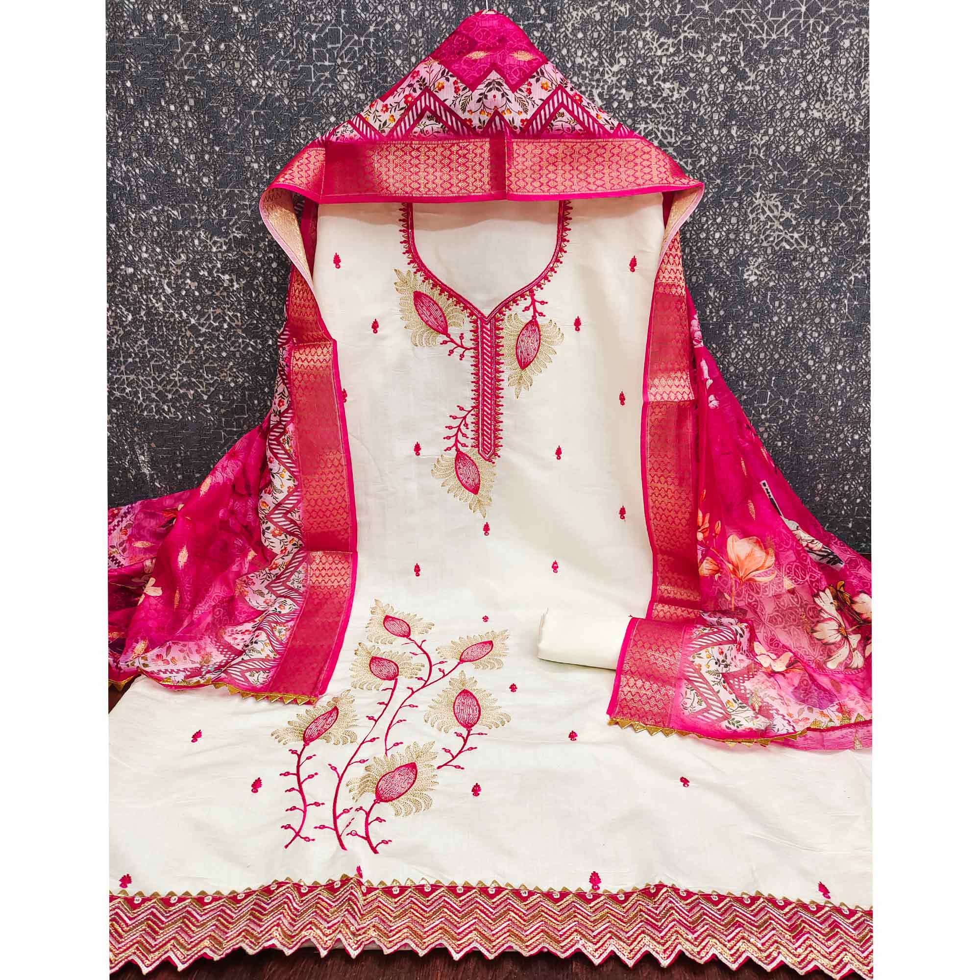 Elegant Cream & Pink Floral Embroidered Roman Cotton Silk Dress Material With Subtle Sequins Work - Image 4