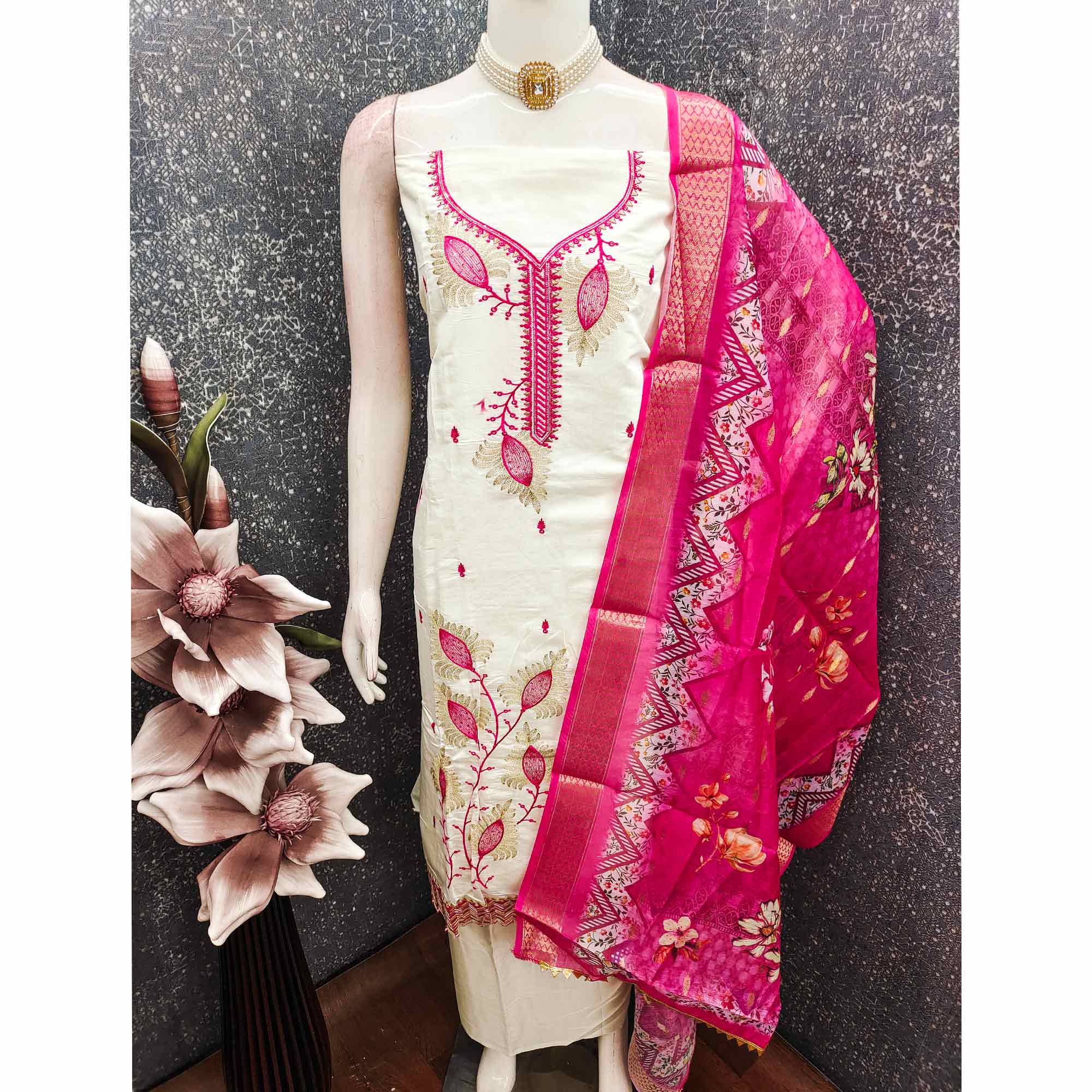 Elegant Cream & Pink Floral Embroidered Roman Cotton Silk Dress Material With Subtle Sequins Work - Image 5