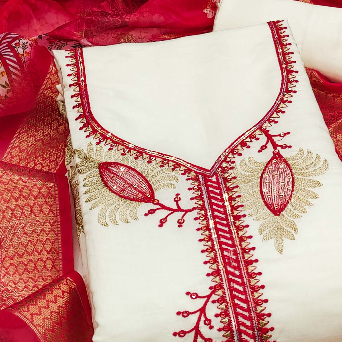 Elegant Cream & Red Floral Embroidered Roman Cotton Silk Dress Material With Subtle Sequins Work - Image 2