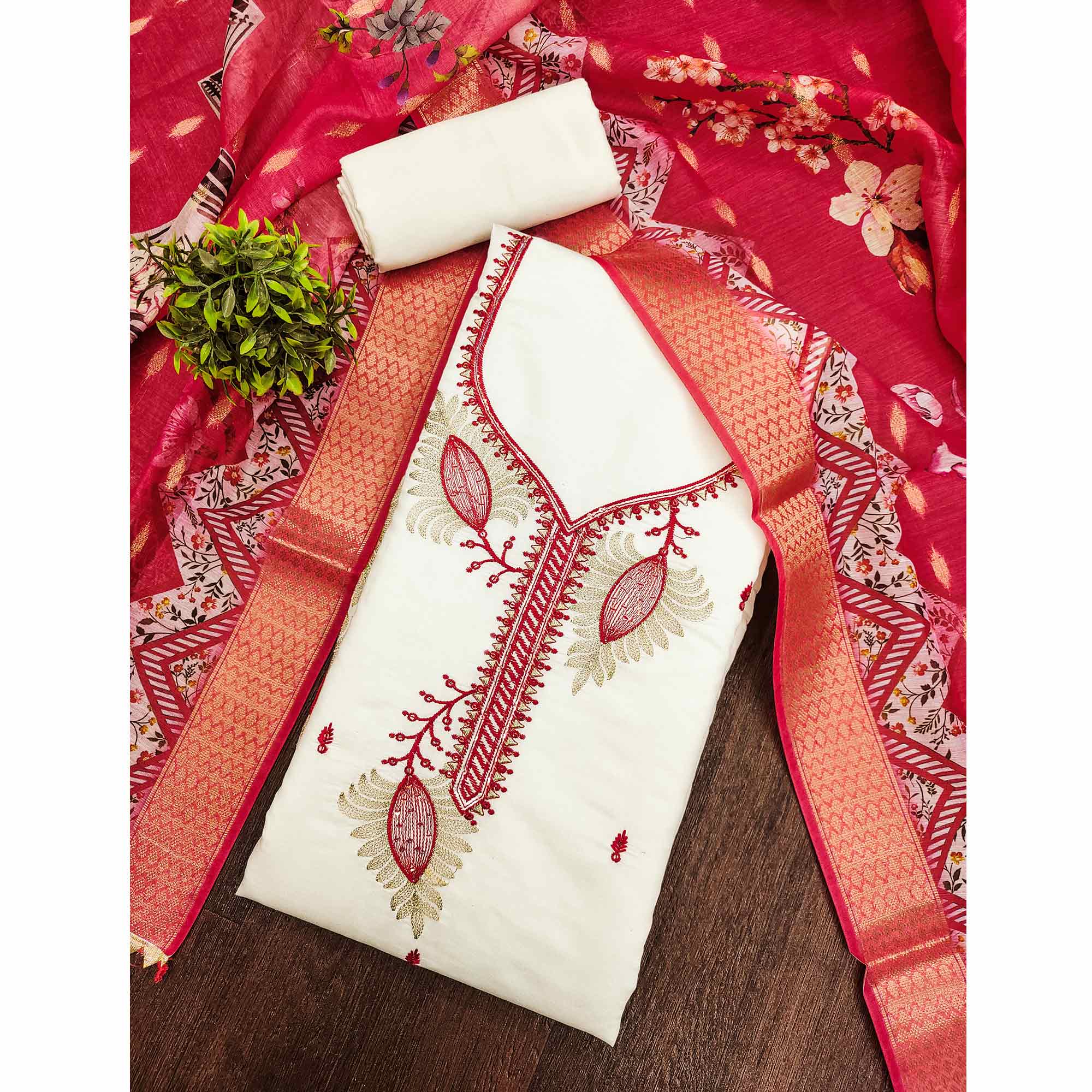 Elegant Cream & Red Floral Embroidered Roman Cotton Silk Dress Material With Subtle Sequins Work - Image 3