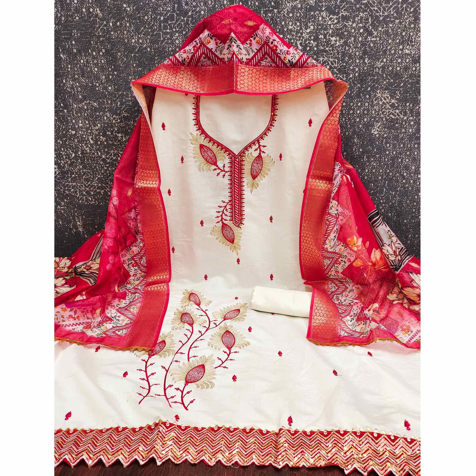 Elegant Cream & Red Floral Embroidered Roman Cotton Silk Dress Material With Subtle Sequins Work - Image 4