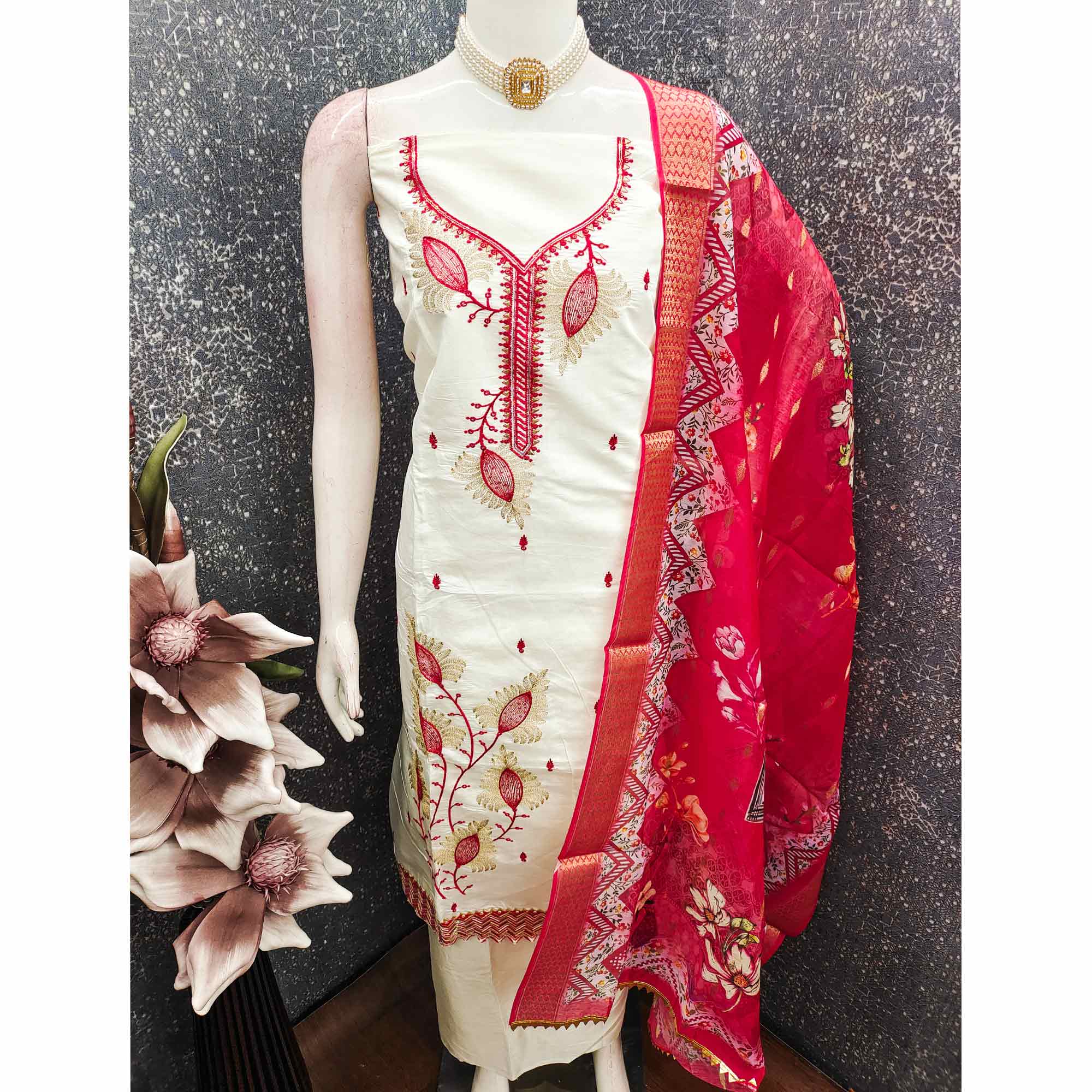 Elegant Cream & Red Floral Embroidered Roman Cotton Silk Dress Material With Subtle Sequins Work - Image 5