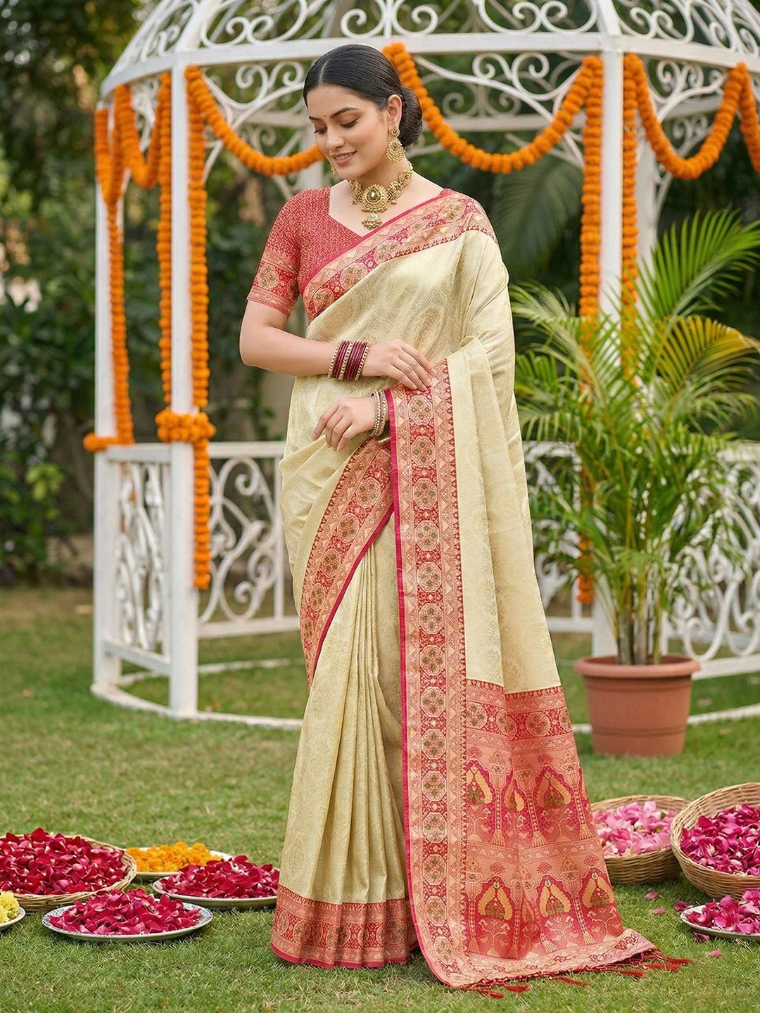 Elegant Cream & Red Floral Weaving Silk Blend Saree With Rich Tassel Pallu - Image 3